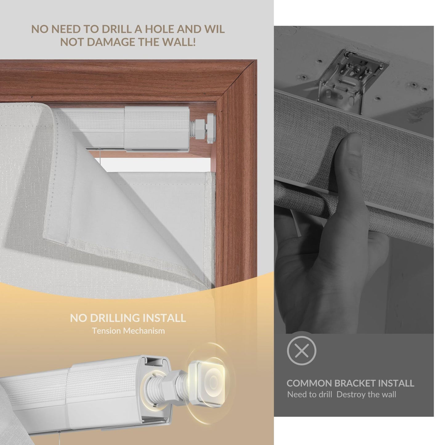 Boolegon No Drill Cordless Roman Shades for Windows, No Fray Blackout Roman Blinds No Tools, Easy Install for Indoor Windows,Living Room,Bathroom, Bedroom, White, Custom Size