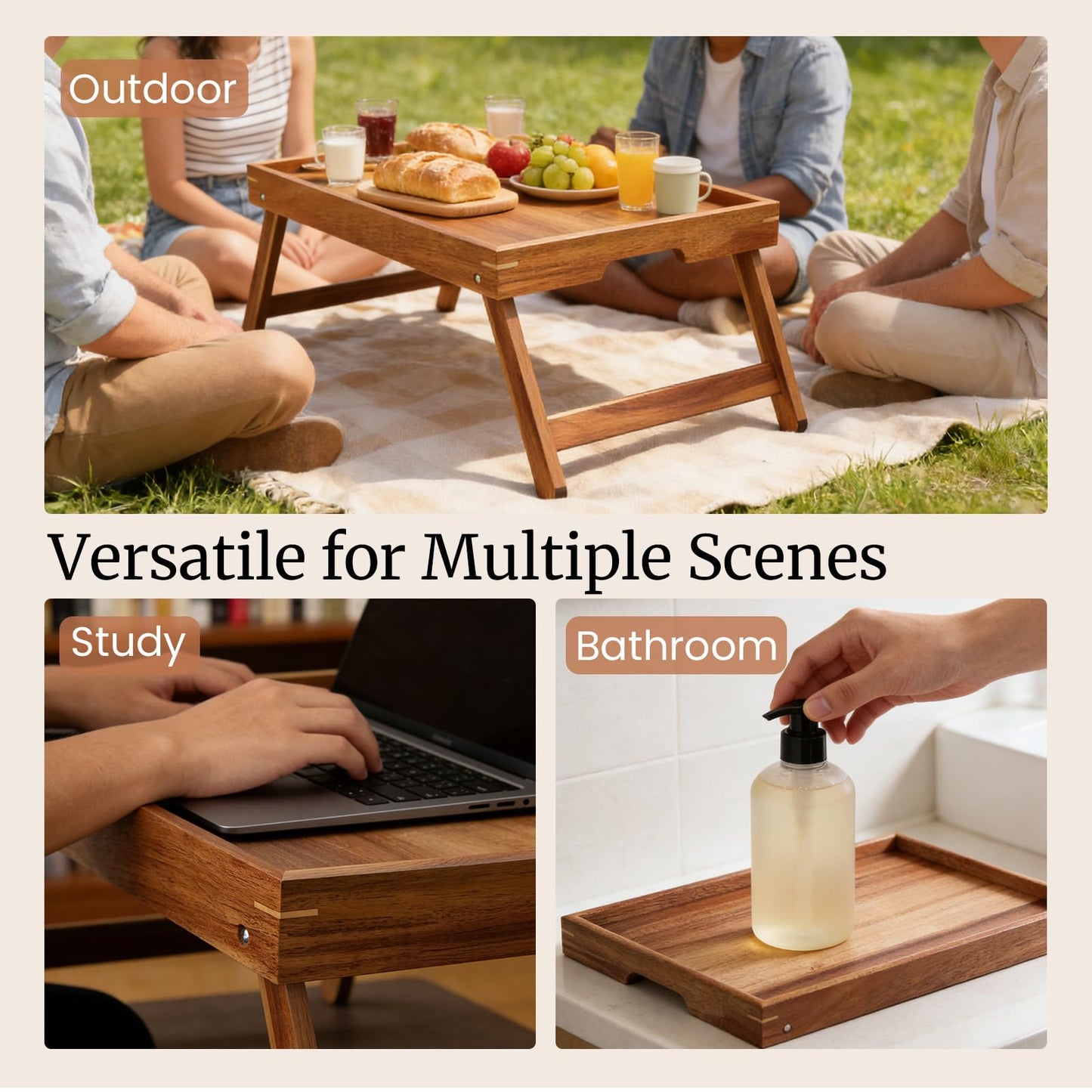Fibogollo Acacia Wood Bed Tray Table with Folding Legs,Breakfast Trays with Built-in Handles,Serving Tray for Food and Snack,Laptop Trays for Working