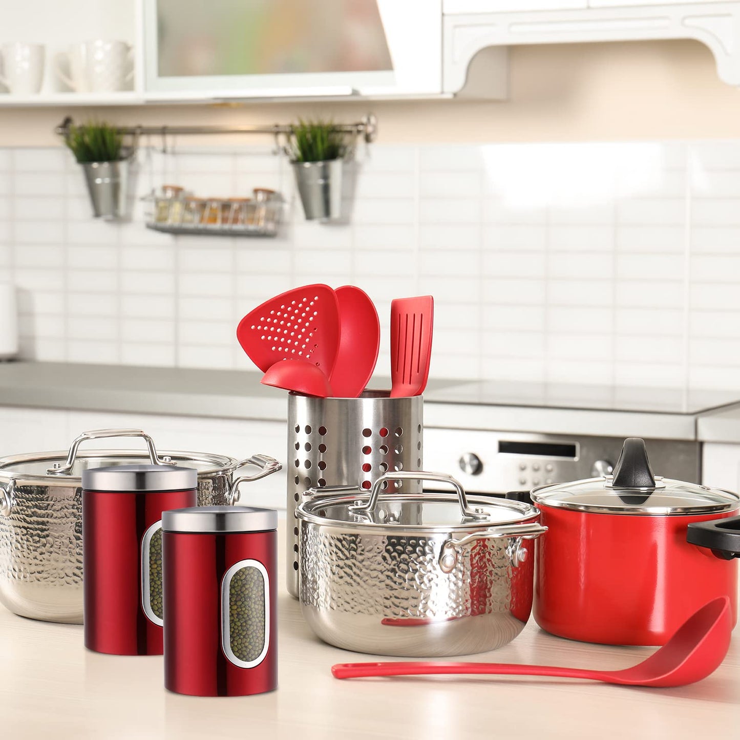 Zopeal 6 Pack Red Canisters Sets For Kitchen 50oz Stainless Steel Red Kitchen Canisters with Transparent Windows Flour Sugar Container Metal Jar Countertop Set for Coffee Tea Decorative