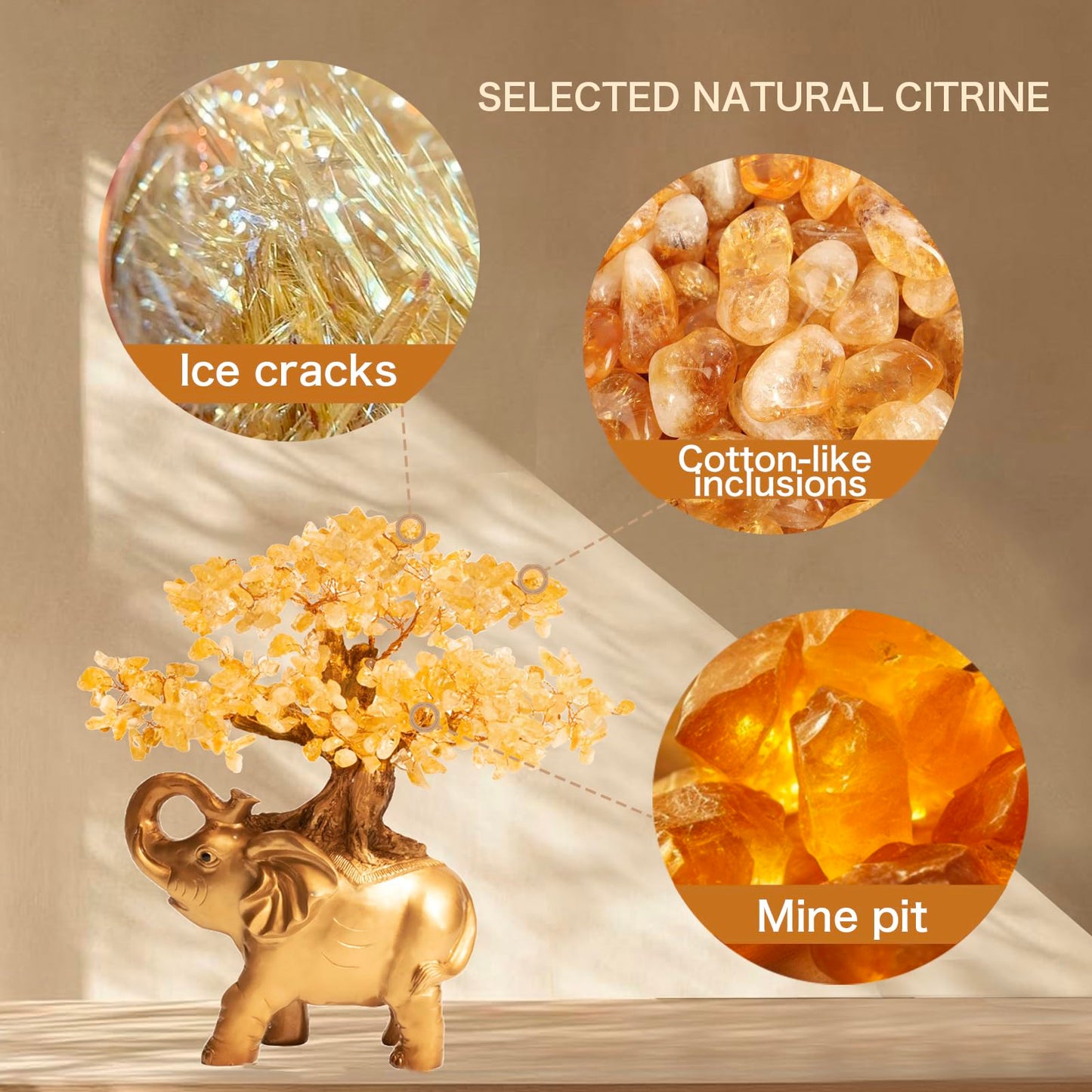 GEMBOURY Citrine Crystal Money Tree on Gold Mini Elephant Statue, 10”Gemstone Bonsai Tree of Life Home Décor Gifts for Wealth Positive Energy, Feng Shui Décor
