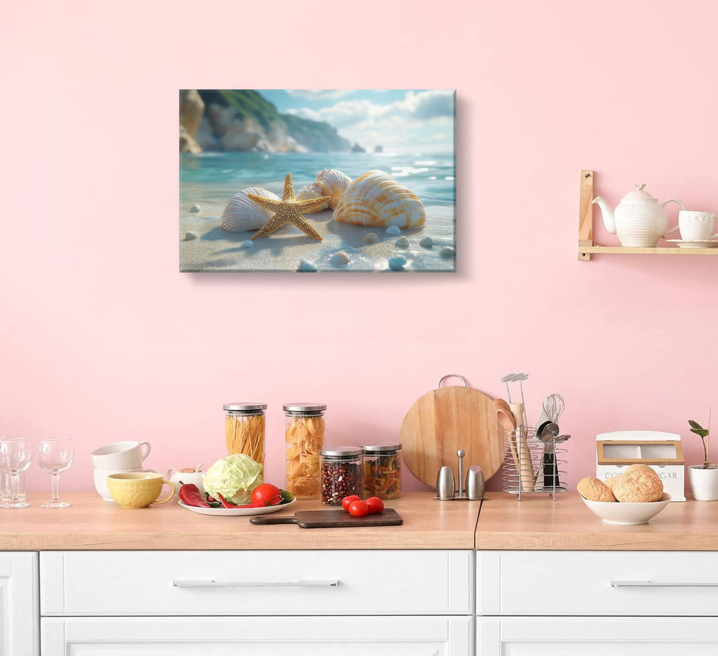 NGXIPUST Blue Coast Beach Canvas Wall Art Ocean Starfish Conch Seashell Paintings Pictures Wall Decor Summer Seaside Theme Poster Printing Artwork for Bathroom Bedroom Living Room Home Decoration