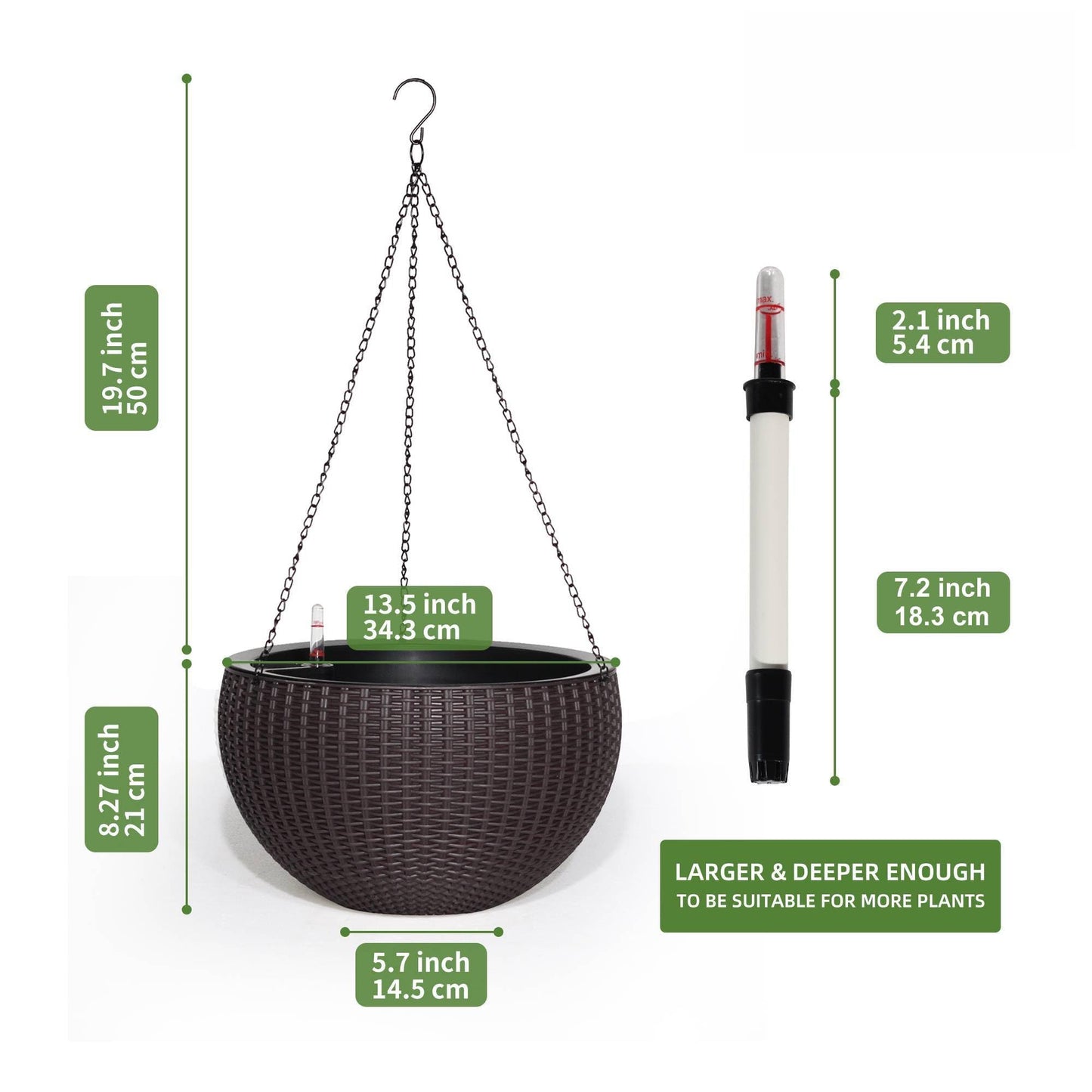 Dexceder 13.5 Inch Large Self Watering Hanging Planters Indoor Outdoor, Thickened Hanging Basket Flower Plant Pot with Water Level Indicator (Brown)