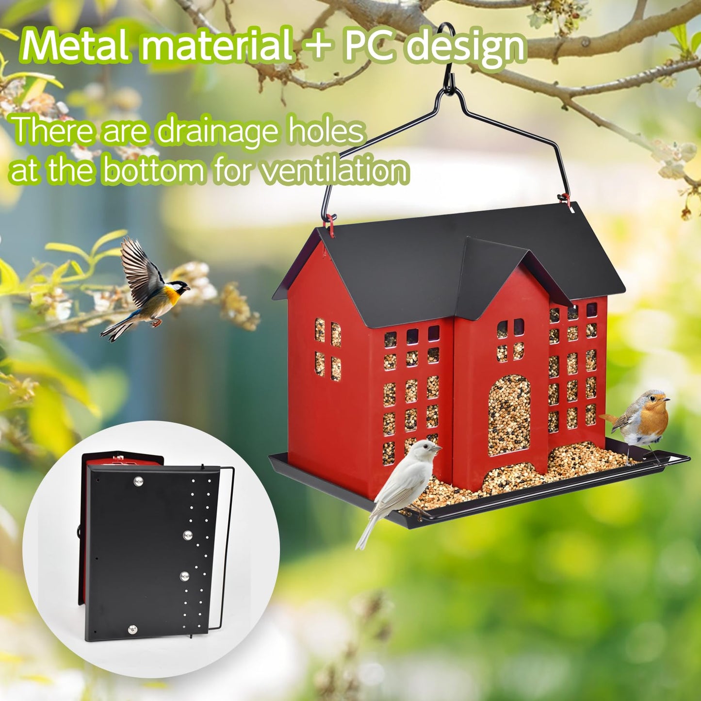 BOCHENTECH Hanging Bird Feeder, Outdoor Bird Feeder, Metal Bird Feeder, 5.6LB with Three Small Individual compartments for Finch Cardinal Chickadee, Large Capacity, Weatherproof and Durable