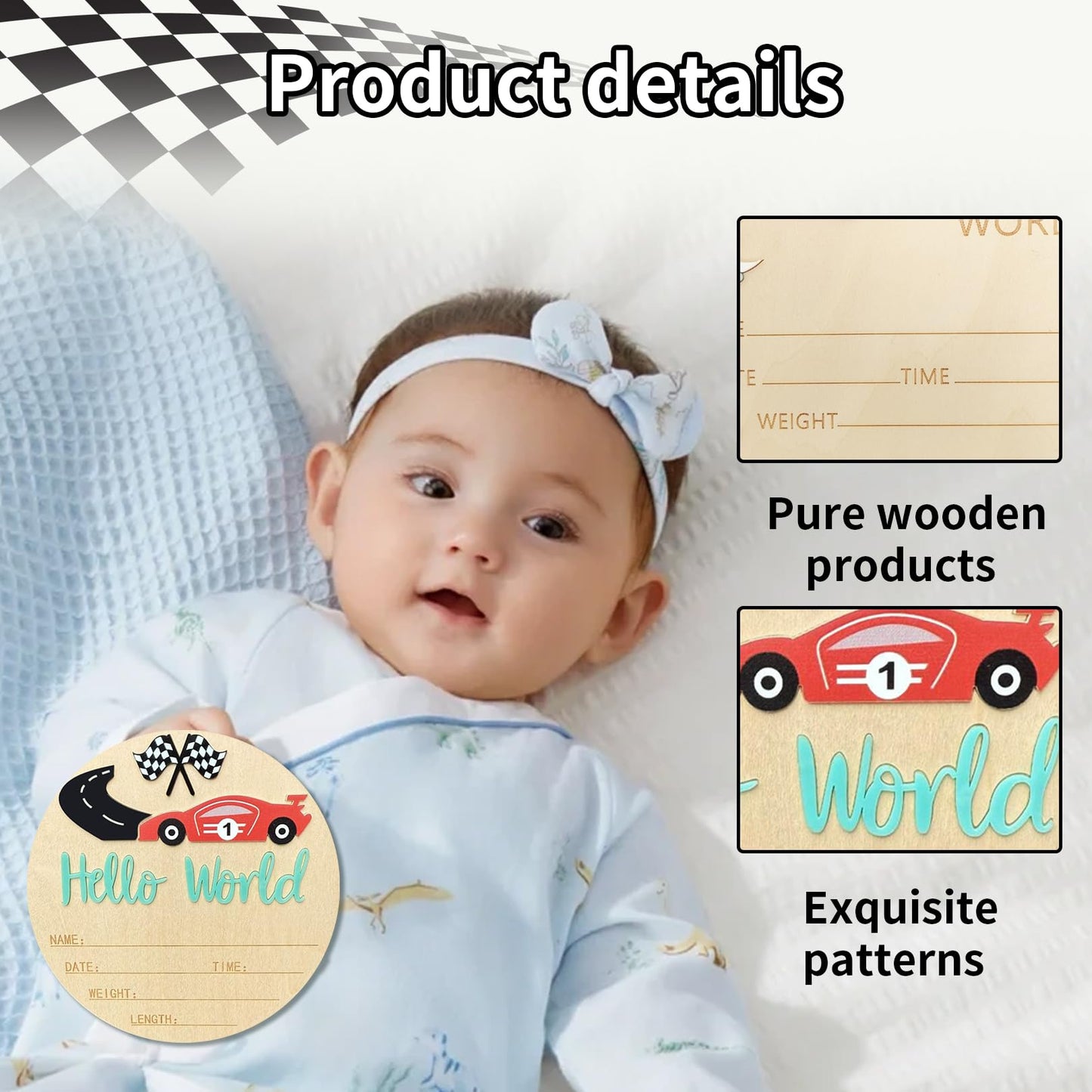 Baby Announcement Sign, 5.9 Inch Wooden Hello World Newborn Sign,Welcome Baby Signs,Birth Announcement Signs,Newborn Name Personalized for Photo Prop race car Design Hospital Nursery (Green,Red car)
