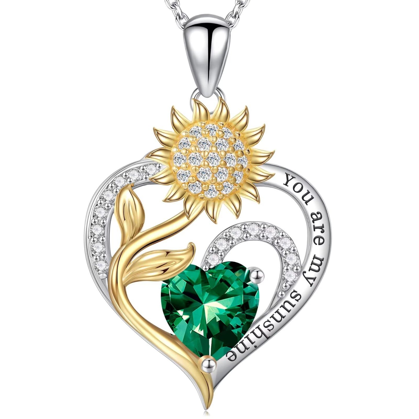 Iefil Mothers Day Gifts for Wife - 925 Sterling Silver Sunflower Necklace May Simulated Emerald Necklace Birthday Mothers Day Gifts for Mom Daughter