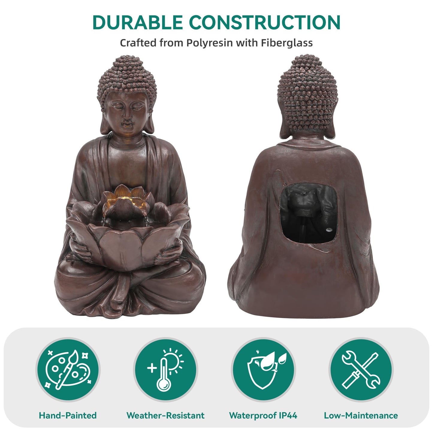 Autodaya 18.9" H Buddha Outdoor Water Fountain, Zen Style Garden Fountain with LED Lights and Pump, Relaxing Waterfall for Patio, Porch, or Yard Decor, Faux Bronze