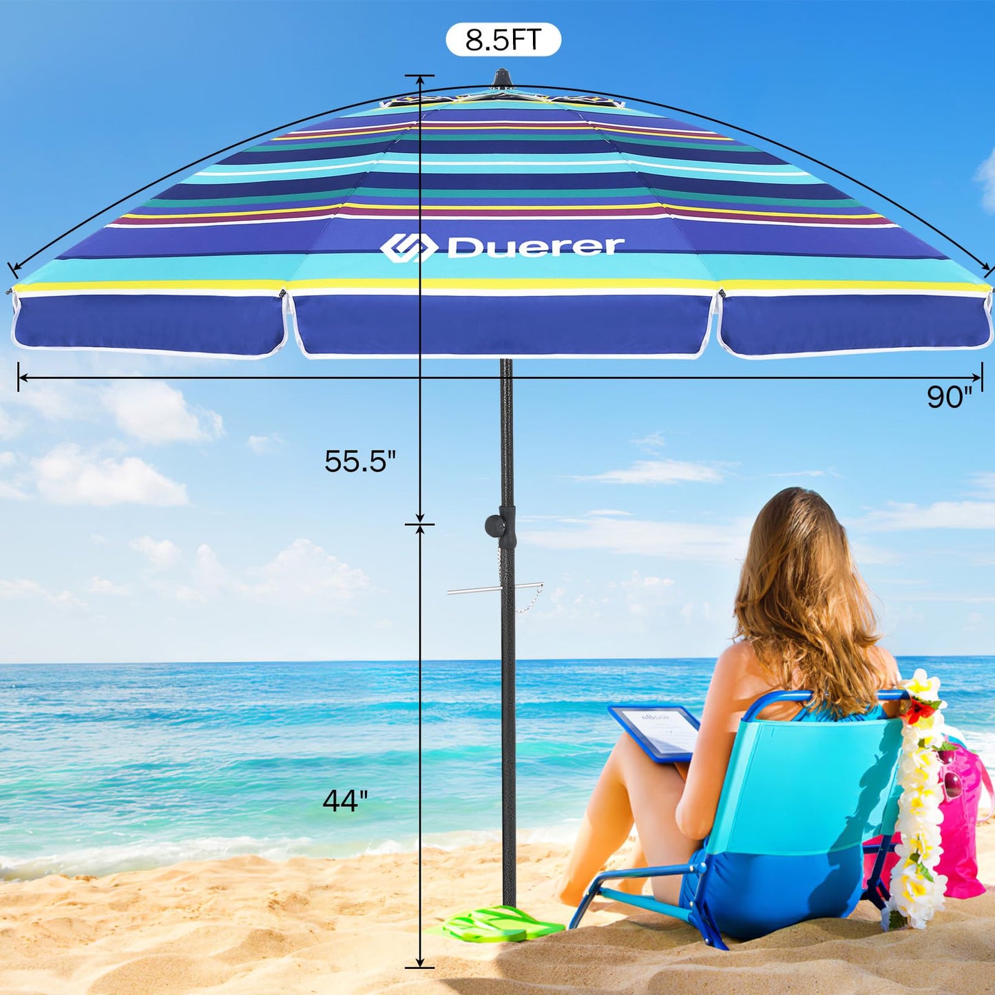Duerer Beach Umbrellas, 8.5FT Beach Umbrella for Sand with Anchor Heavy Duty Windproof, Height Adjustable Tilt Iron Pole, Portable Beach Umbrella with Carrying Bag for Beach, Patio Garden Outdoor