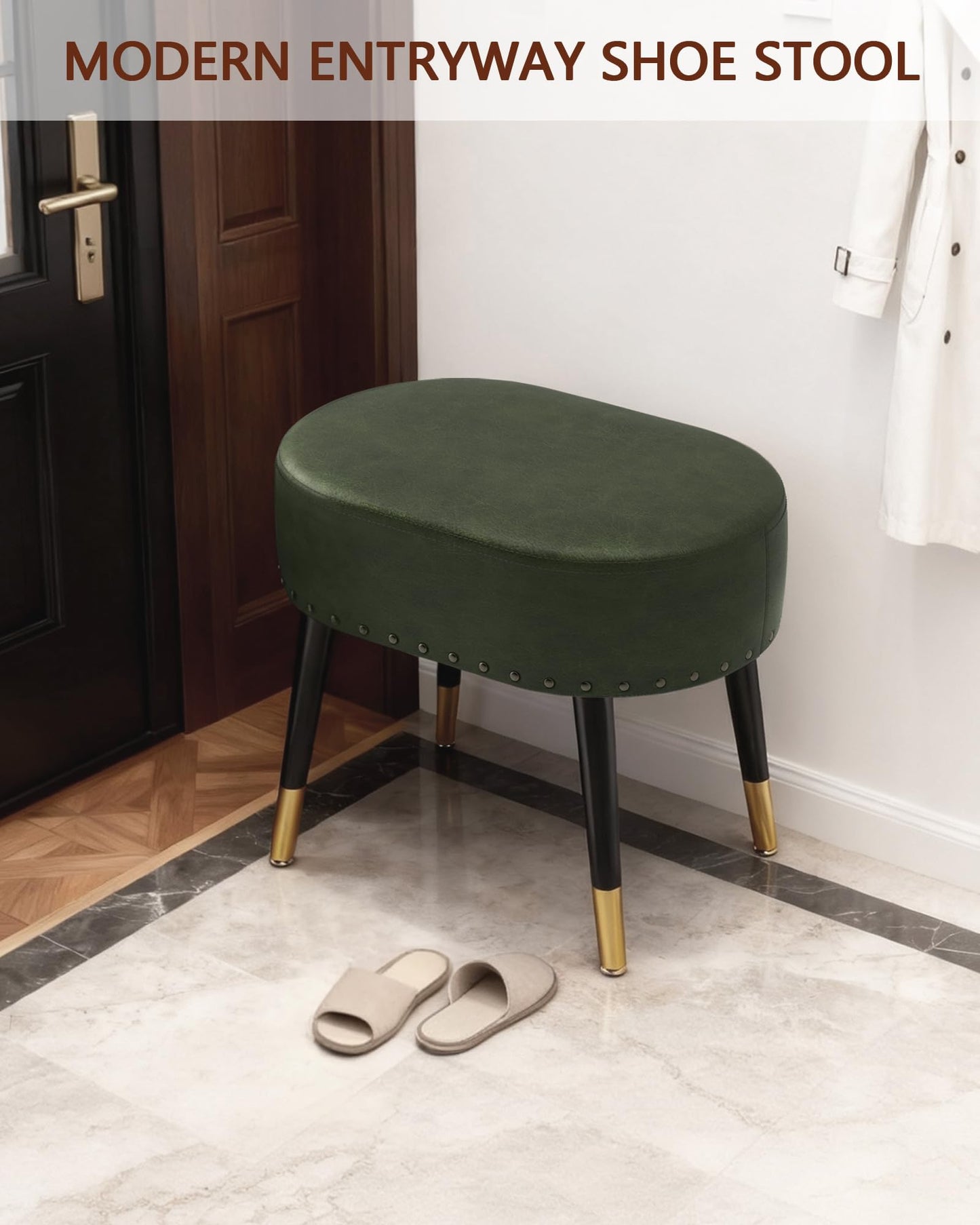 LITZFUR Vanity Stool Chair for Makeup, Pu Leather Oval Footrest, Vintage Rivet Ottoman Bench with Metal Legs, Dressing Stool for Batheroom, Living Room, Entryway, Green