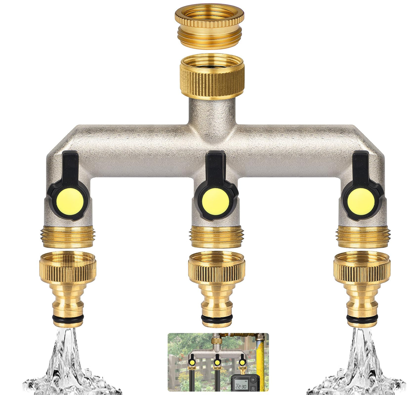 Anstore Garden Hose Splitter, 3/4" Water Hose Splitter 3 Way Heavy Duty with 3 Black Handle, Brass Nickel Plated Outdoor Faucet Splitter Water Spigot Splitter Manifold Rust and Freeze Resistant