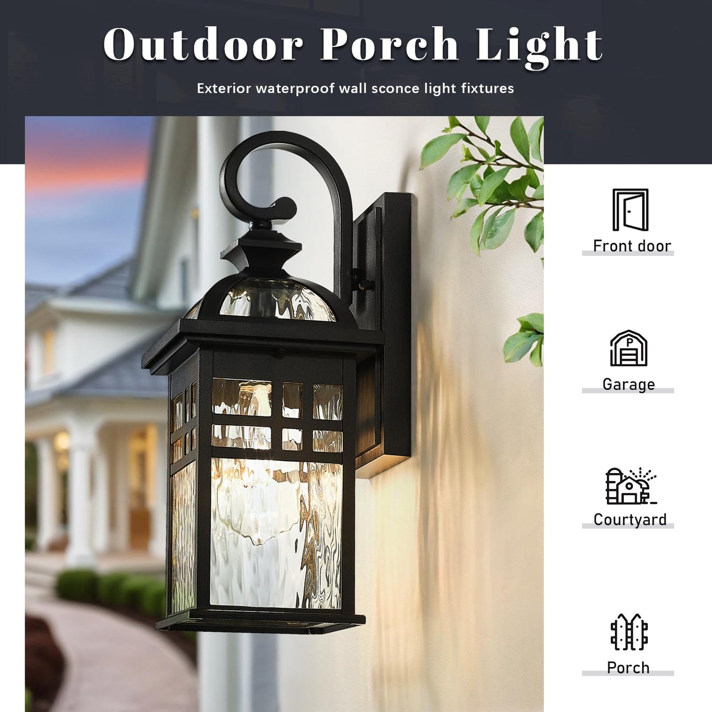 NAXTTII Outdoor Wall Lights Waterproof Exterior Lighting Fixture 15 Inch Height Black Porch Light Outdoor with Water Ripple Glass E26 Socket