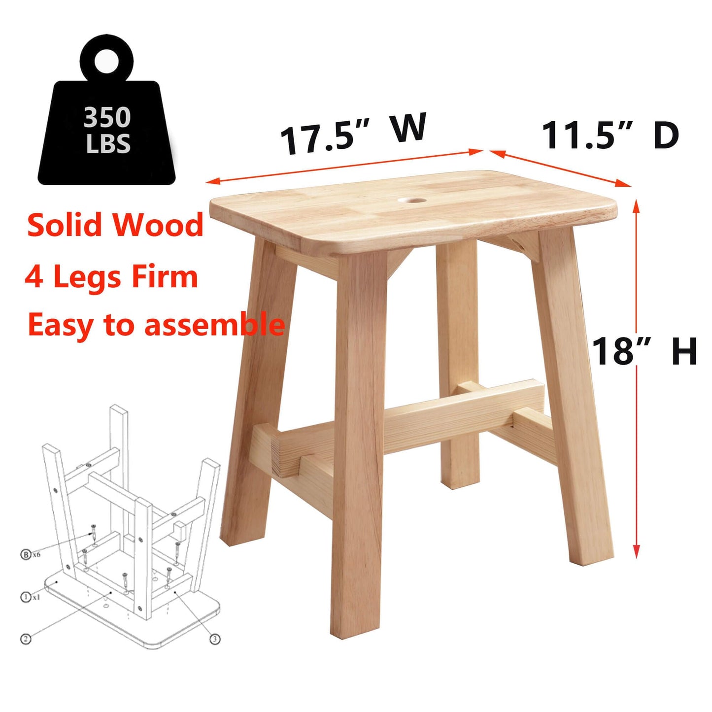 Lestar Wooden Stools,Rectangular Solid Wood Stool, Small Wood Stool 18" Height for Living Room, Kitchen, Bathroom
