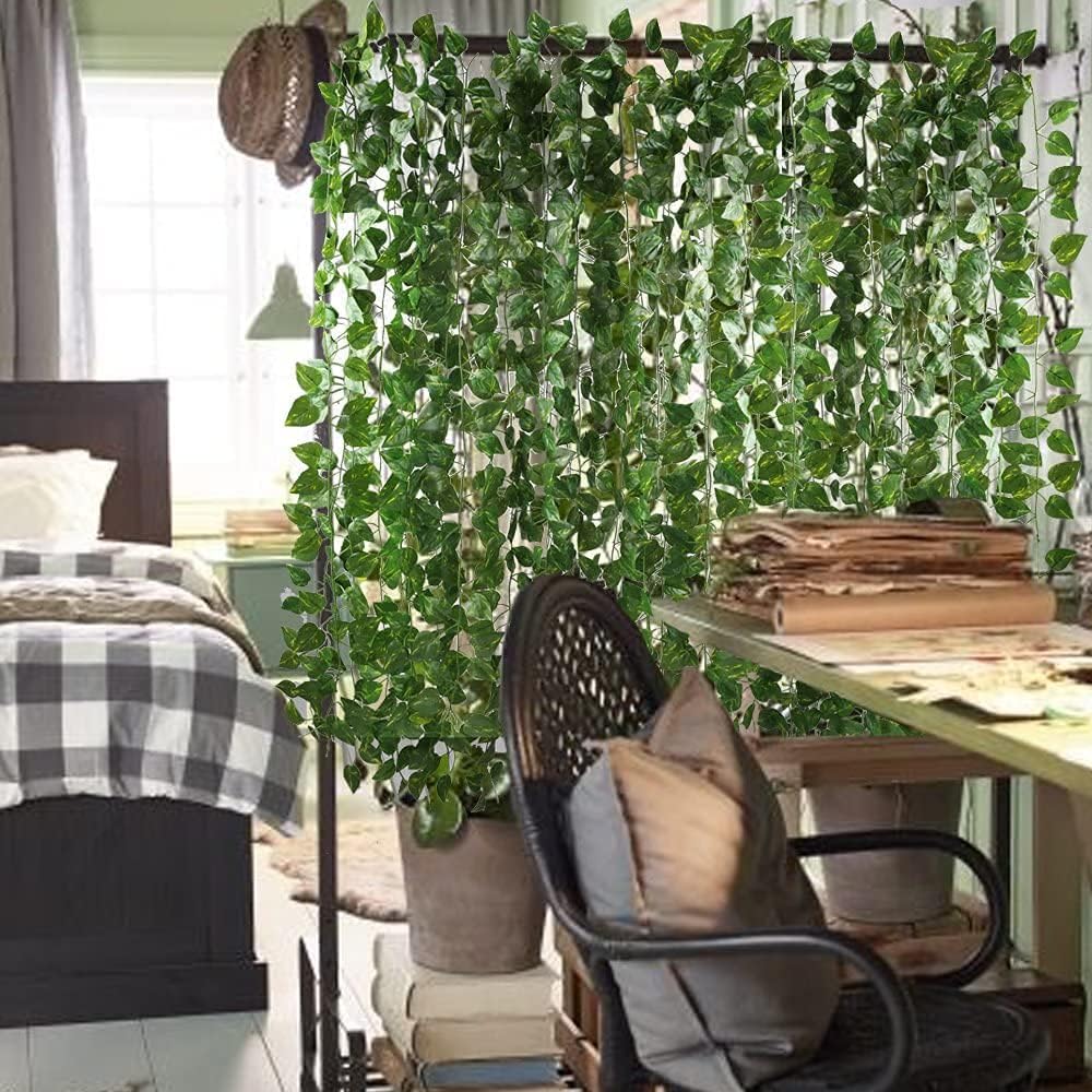 HO2NLE 12 Pack 84Ft Artificial Vines Hanging Greenery Garland Leaves Wall Room Ceiling Decor Fake Vines for Home Kitchen Bedroom Garden Wedding Jungle Party Enchanted Forest Decorations