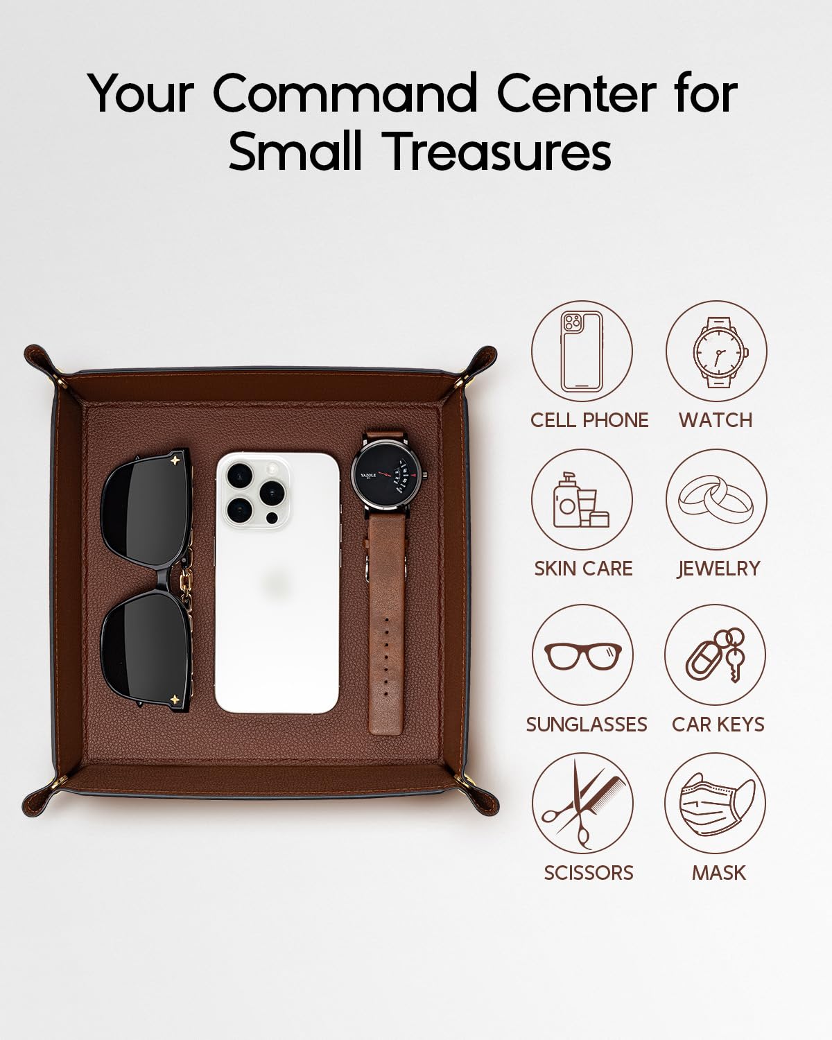 VLANDO Valet Tray for Men Women, Nightstand Organizer Vanity Catchall Holder for Dresser Desk Storage Bedside, Travel PU Leather Jewelry Key Bowl Coin Watches and Candy Entryway Tray - Large, Brown