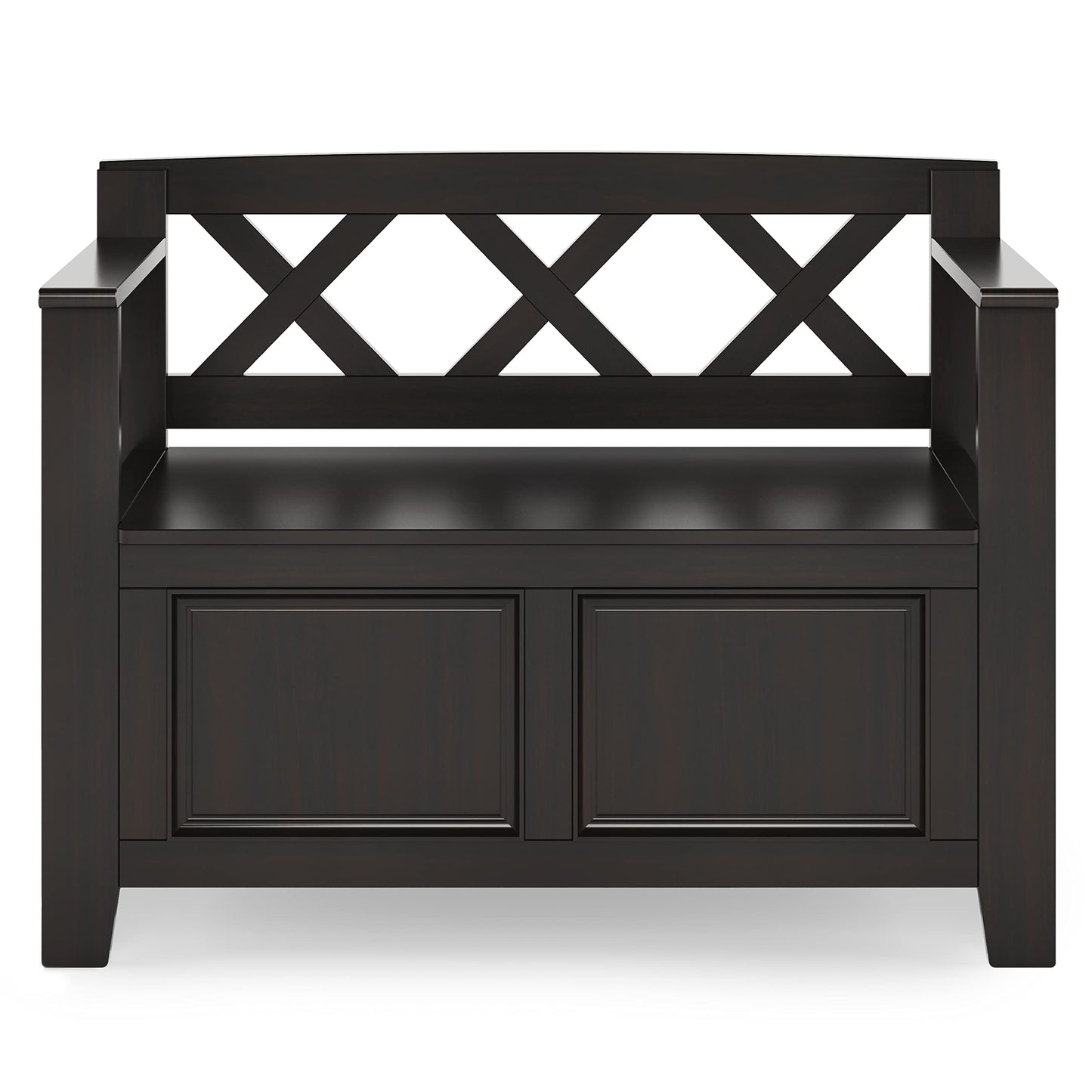 SIMPLIHOME Amherst Entryway Storage Bench - 36 inch Wide Solid Wood Hallway Bench in Hickory Brown, Transitional Bench for Entry or Mudroom with Lift-Up Lid, Storage Compartments and X-Back Detail