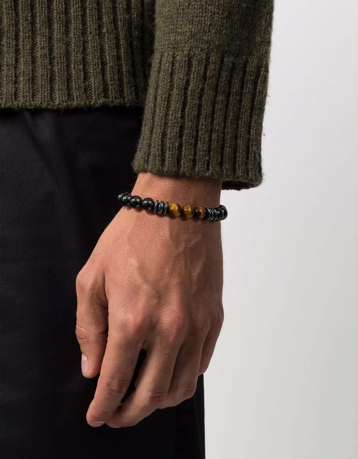 Landorilo Gifts for Men, 8mm Natural Stone Beaded Bracelets, Black Tourmaline & Tiger's Eye Healing Bracelet, Handmade Mens Jewelry Gift for Him, Husband, Son, Father, Friend(Happy Birthday-7.5in)