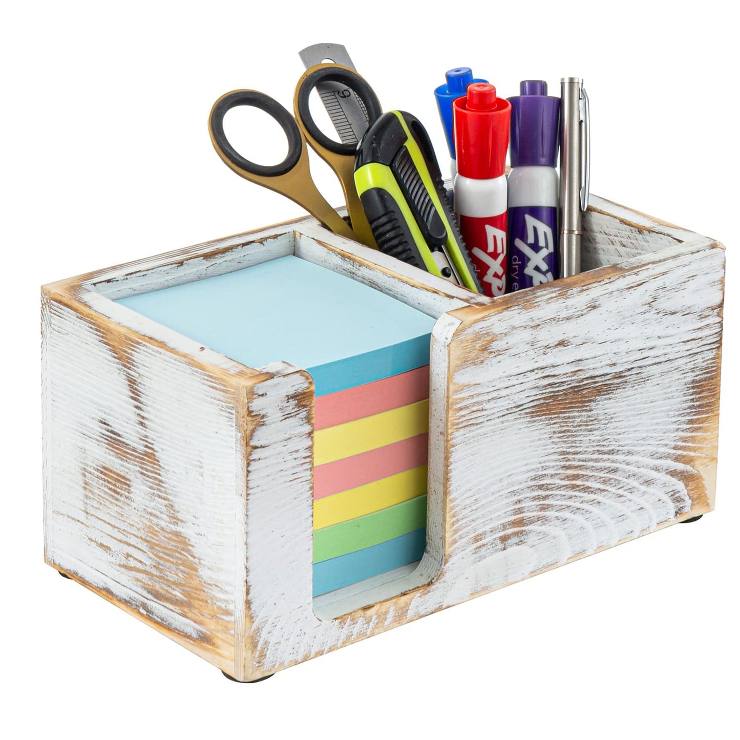 MyGift Shabby White Washed Solid Wood Sticky Note and Stationery Holder Stand, Office Desktop Storage Caddy for Self Adhesive Memo Pads Pen Pencil Marker