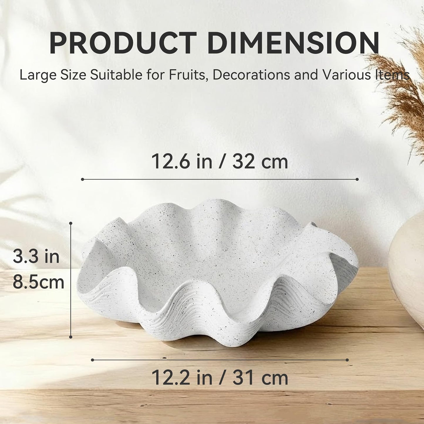 KEWOOL Scalloped Decorative Bowl Home Decor - 12.6" Modern Handicraft Large Shell Ruffle Decorative Fruit Bowl for Kitchen Counter, Chic Key Tray for Entryway Table, Artificial Stone White