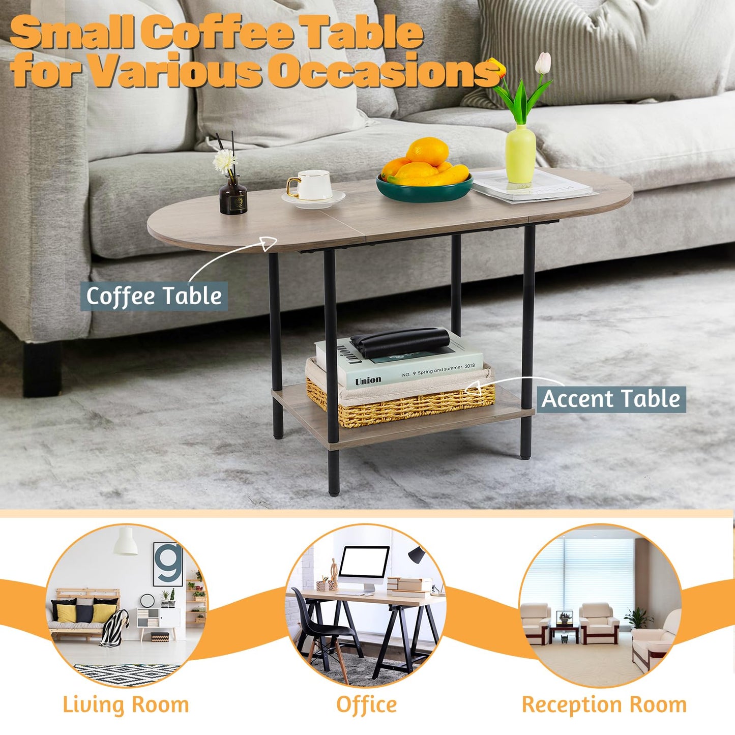 Shinoske Coffee Tables for Living Room,2-Tier Small Oval Center Table Industrial Modern Style Coffee Tables with Storage Shelf and Wood Tabletop for Small Space,Home Office,Rustic Grey