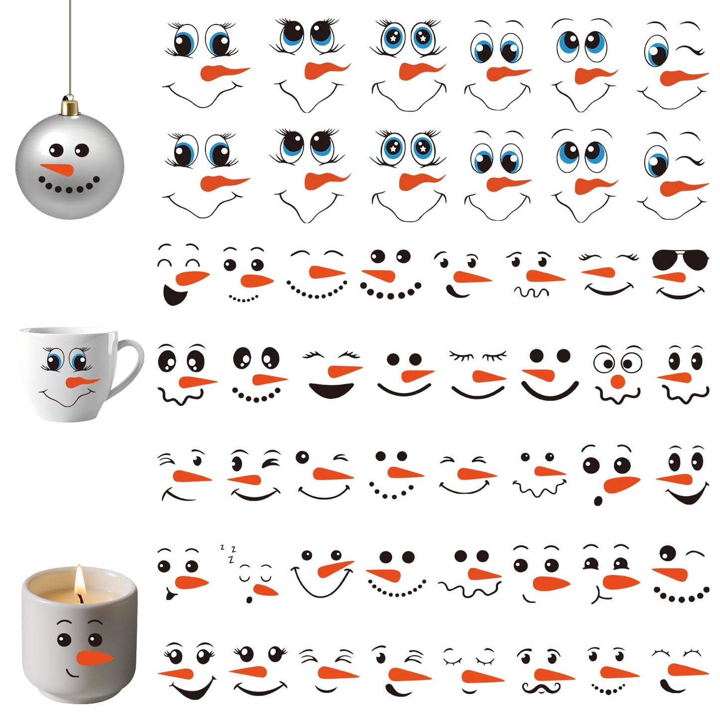 52PCS Snowman Face Stickers for Crafts, Snowman Face Decals for Christmas Ball Ornaments, Cups, Mugs, Jars, Window Stickers, DIY Christmas Tree Ornaments Decorations Holiday Crafts