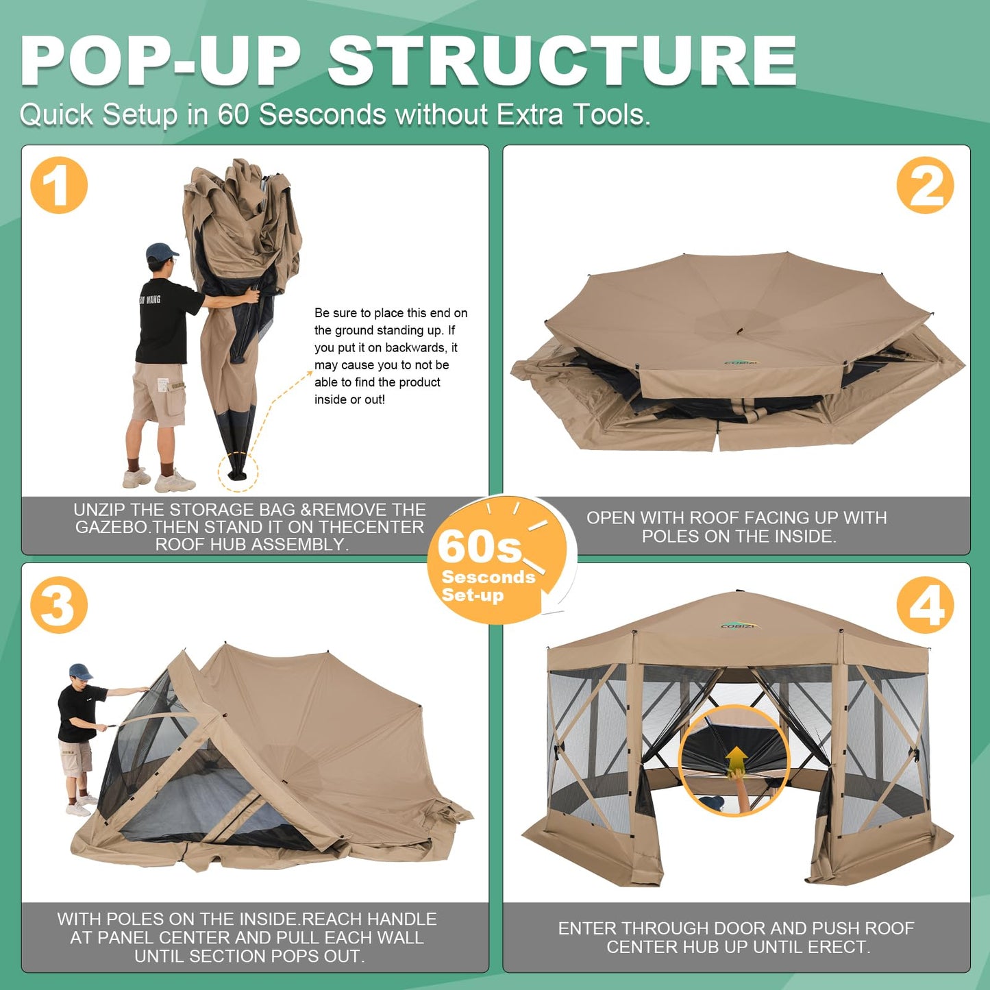 COBIZI 15x15 FT Pop Up Gazebo - Canopy Tent, Large Gazebos On Clearance, Hot tub Screened in Gazebo,carpas para Patio,Portable Screen Tents for 12-15 Persons Outdoor Camping, Backyard, Khaki
