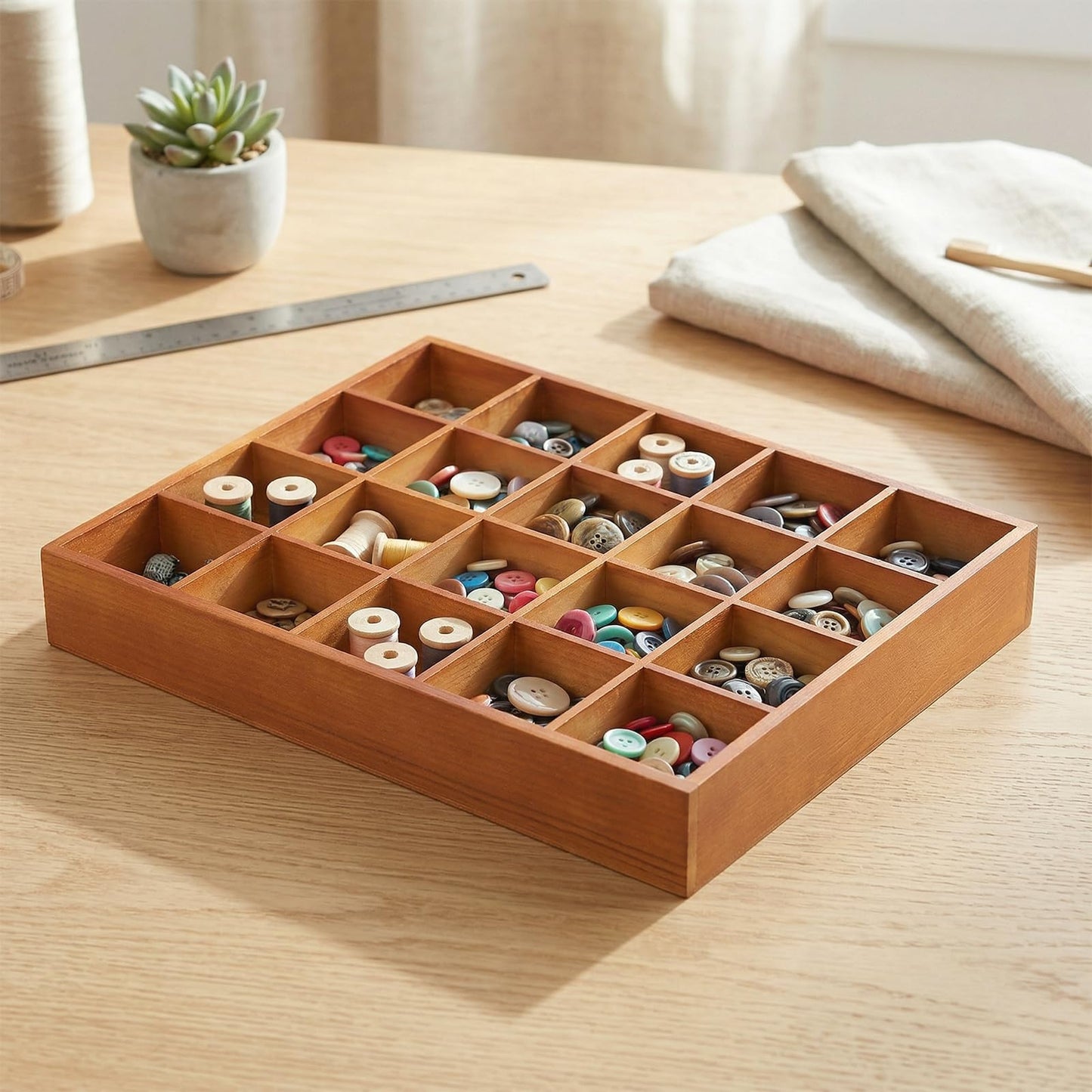 FUNSUEI 3 PCS Multi Compartment Wooden Tray, Grid Display Wood Serving Tray with 20 Sections, Wood Drawer Organizer Divided Snack Storage Box for Jewelry, Card Sorting, 14x11x2 Inch Brown