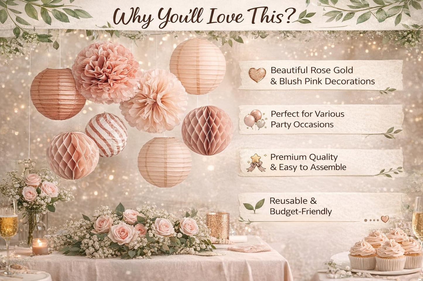Decorative Paper Pom Poms and Lanterns Set, Rose Pink and White, Party Hanging Decor for Celebrations and Events