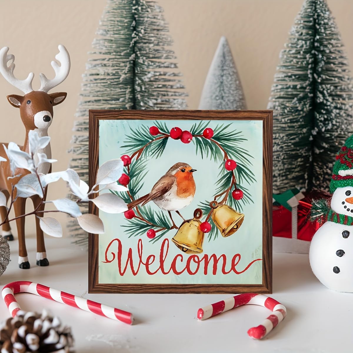 Welcome Sign Decorative Wooden Framed Sign Christmas Decor Sign Winter Robin and Berries Wall Art for Christmas, Entryway, Home 8x8 Inch