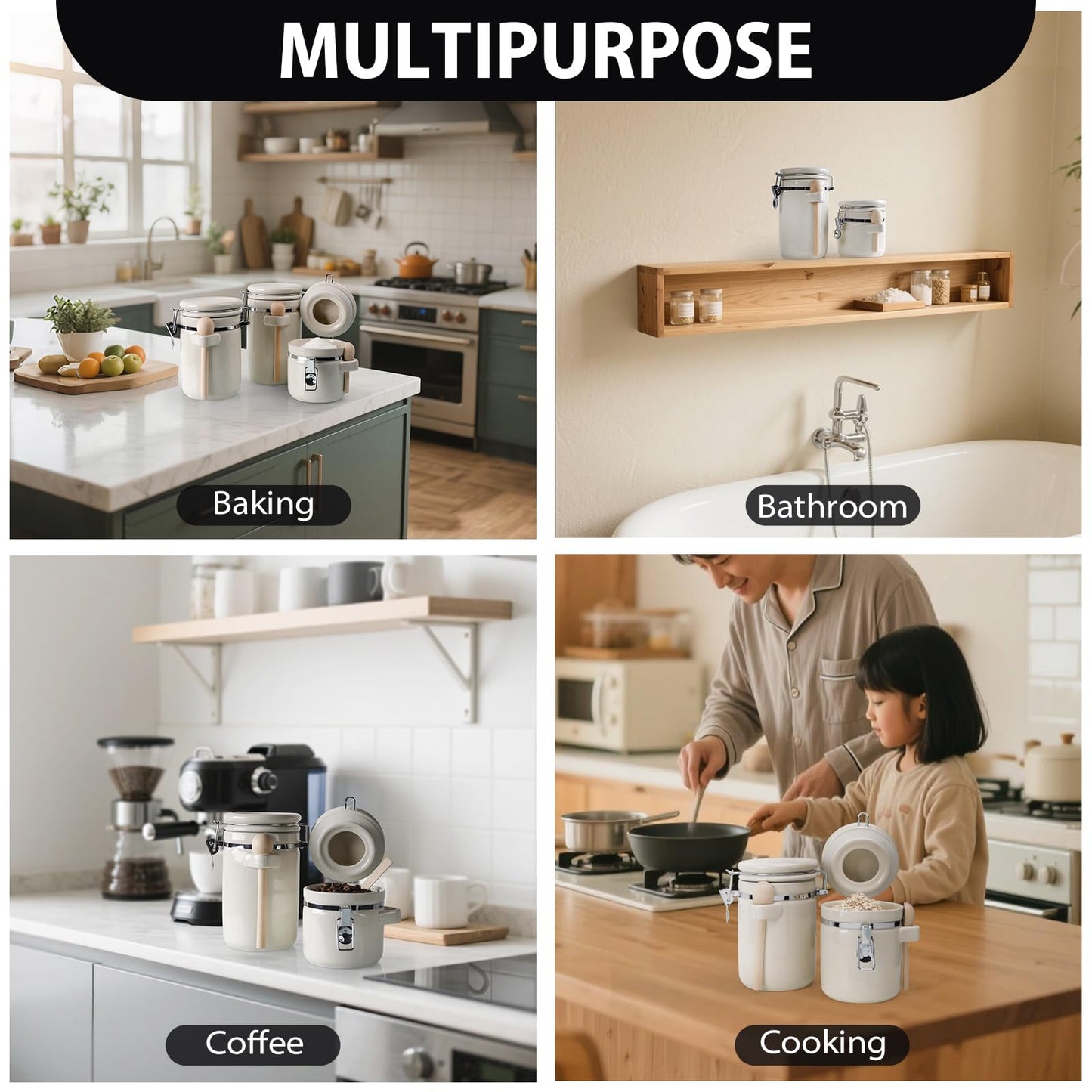 ZEBERBO 4-Piece Airtight Ceramic Canisters Set with Wooden Spoons & Chalk Labels – Perfect for Coffee, Sugar, Flour, Tea (Cream) – Stylish & Leakproof Kitchen Storage
