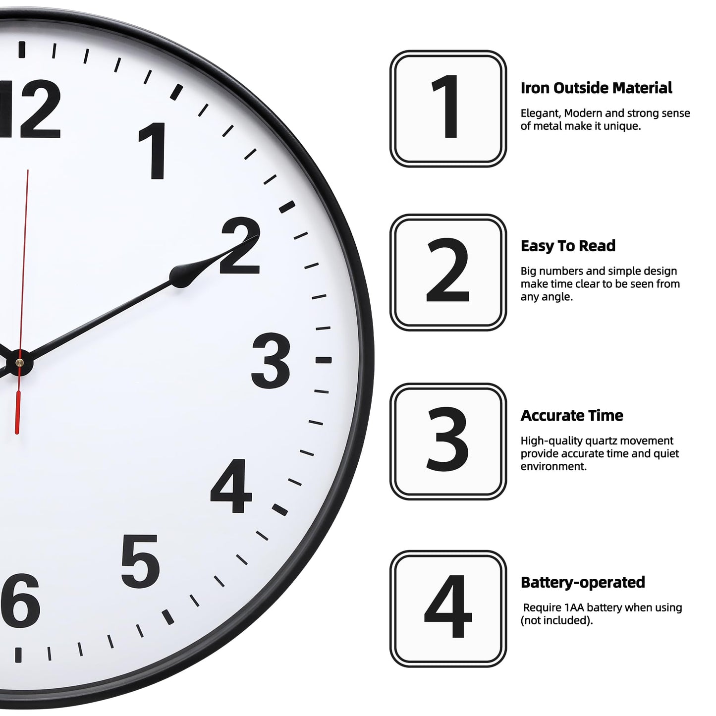 LEIKE Metal Large Wall Clock 24IN Black, Retro Silent Quartz Battery Operated, Decorative for Patio, Kitchen, Living Room, Bedroom, Pool