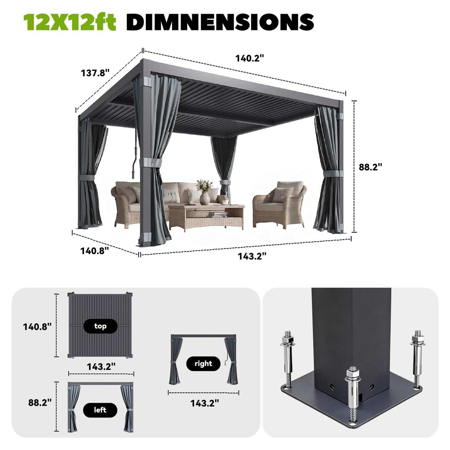 MELLCOM Louvered Pergola 12x12, Steel Aluminum Pergola with Adjustable Louvered Roofs, Outdoor Gazebo with Waterproof Curtains and Nets, Black
