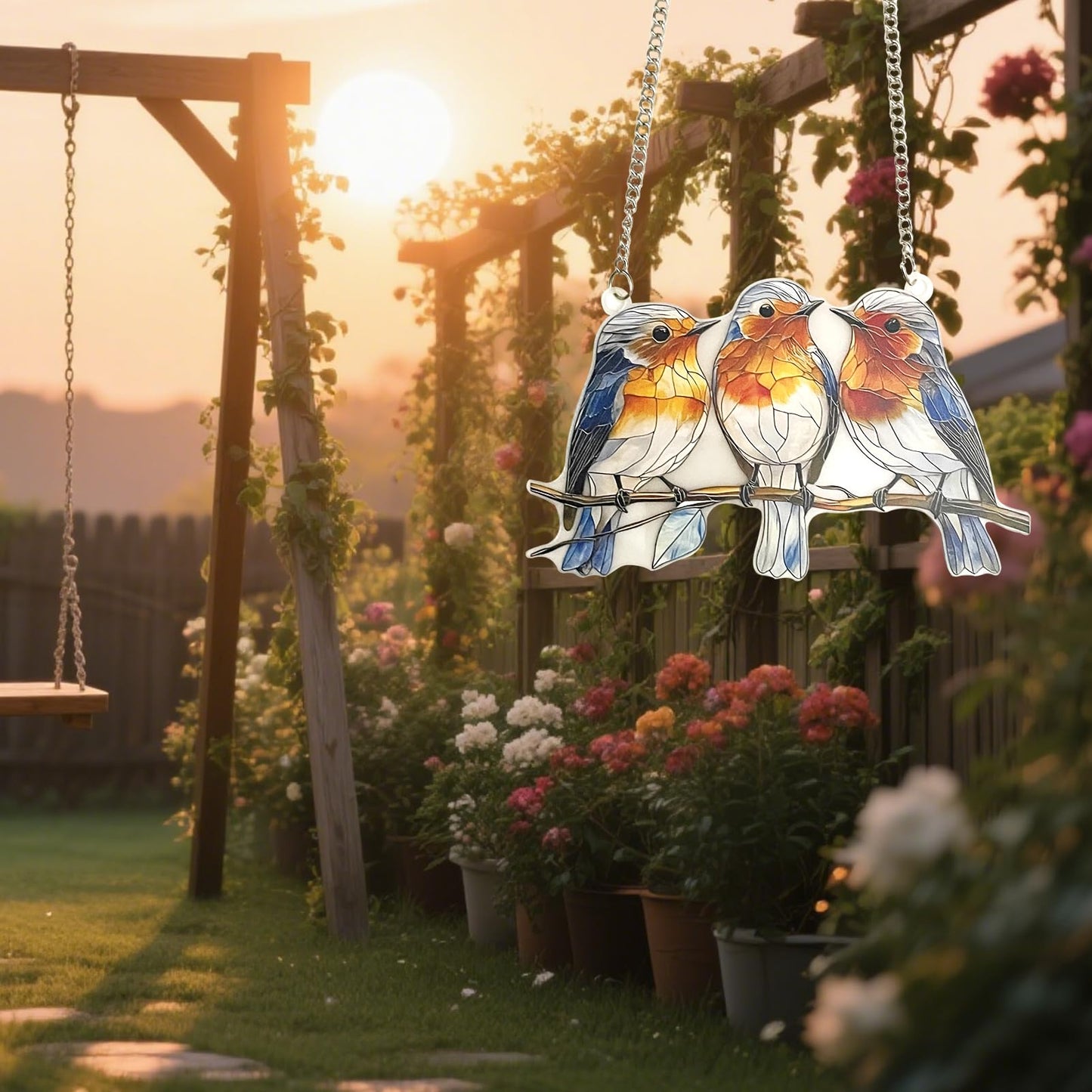 Stained Glass Window Hanging Bird 2D Stain Acrylic Panel Window Hanging Decor Gift for Women Mother's Day Christmas (15CM-Sparrow Bird)