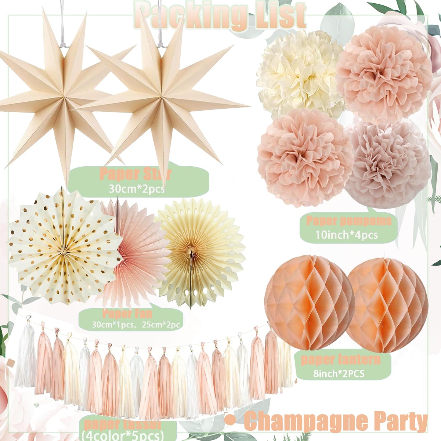Champagne Beige Party Decoration,15PCS Champagne Boho Birthday Decorations for Women Men Girl Boy,Hanging Backdrop Decor for Engagement,Boho Wedding,Baby Shower,Bridal Shower,Garden Party