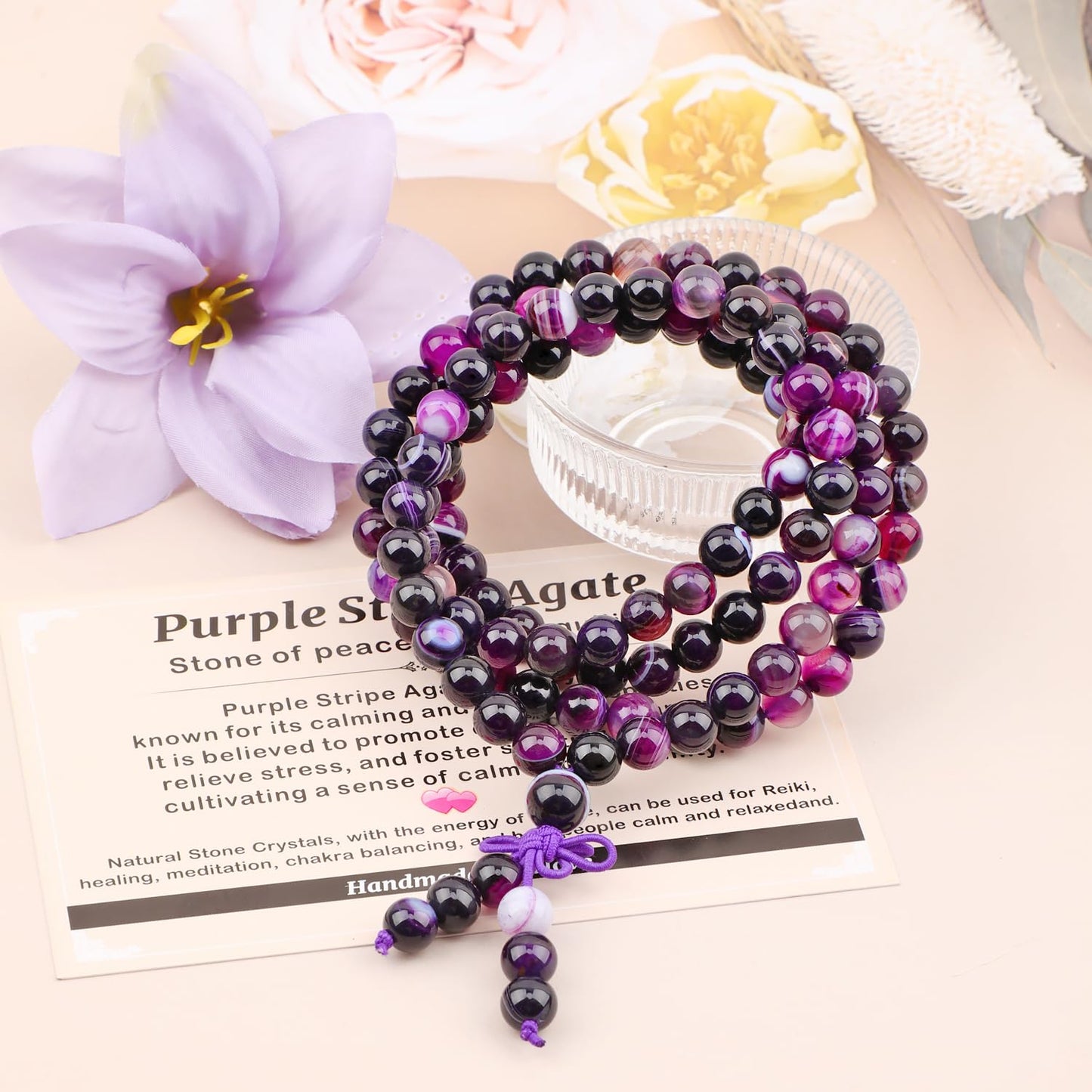 AD Beads 8mm 108 Prayer Mala Purple Stripe Agate Elastic Bracelet - Peace and Tranquility - Handmade Yoga Meditation Healing Power Energy Gifts for Unisex Adult.