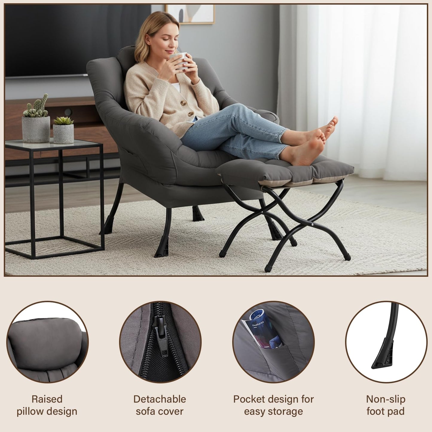 Welnow Lazy Chair with Ottoman, Modern Accent Chair with Armrests and a Side Pocket, Leisure Sofa Armchair, Reading Armchair with Footrest for Small Space, Dark Grey