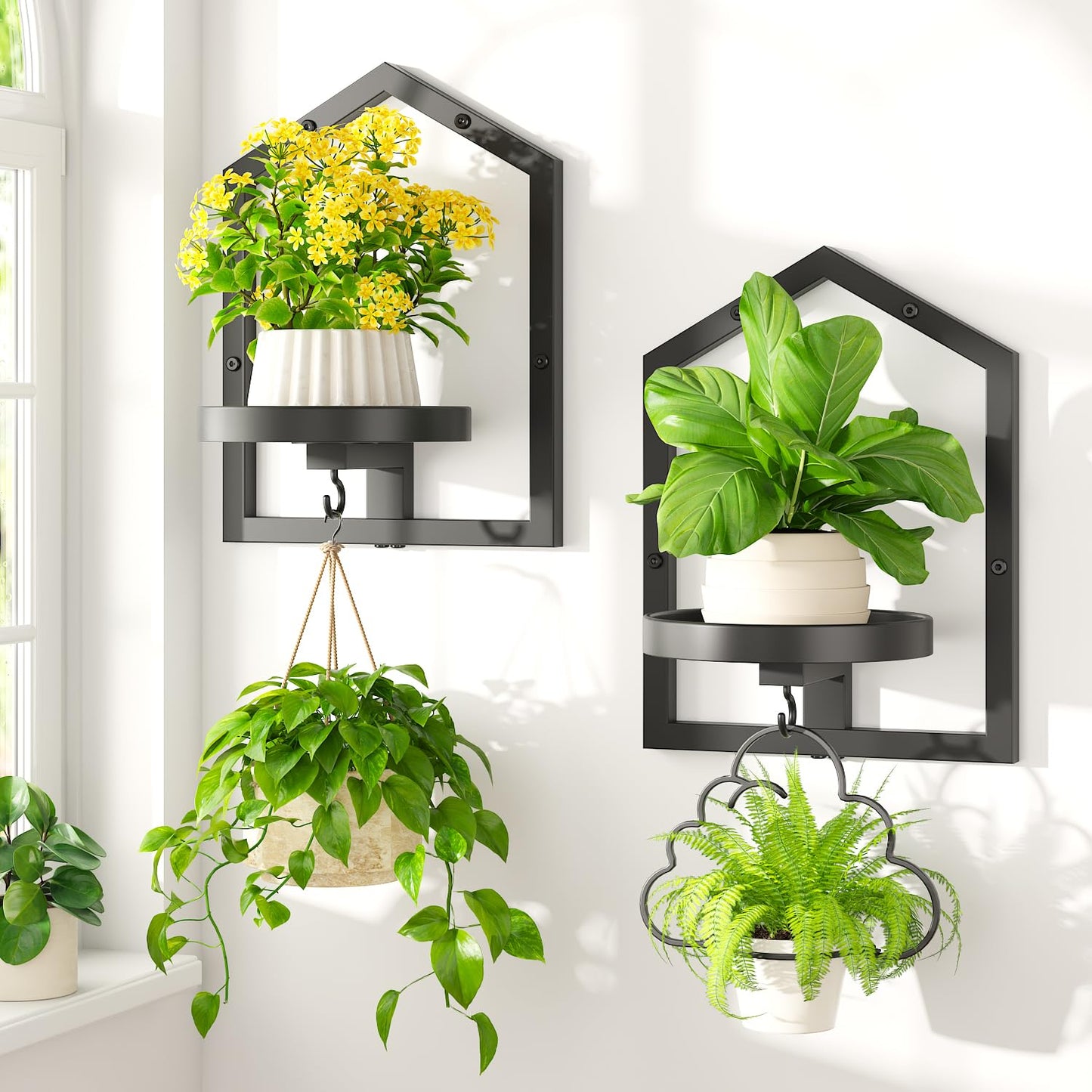 LASZOLA 2 Pcs Black Wall Mount Plant Shelves with Hangers for Indoor Flower, Heavy Duty Metal Window Floating Planter Holders Stand, Iron Modern Picture Frame Decorative for Bathroom Kitchen with Hook