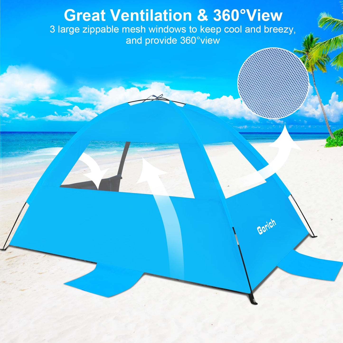 Gorich Beach Tent Sun Shelter for 3/4/6/8/10 Person with UPF 50＋ UV Protection, Lightweight & Easy Setup Beach Shade Canopy, Portable Beach Shade Tent Beach Cabana