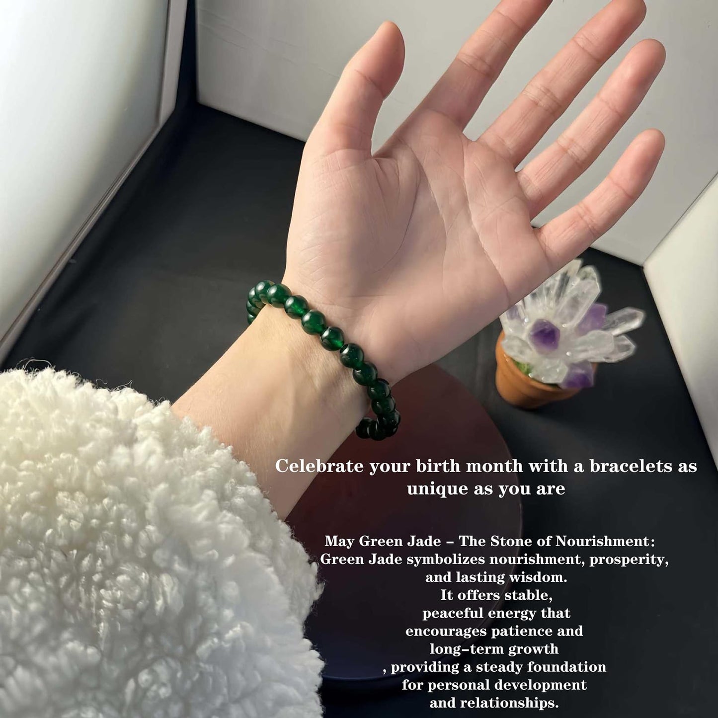Naupyal May Birthstone Bracelet for Women Men,Green Jade Natural Stone Beaded Bracelets,Healing Crystal Gemstones Stretch Bracelet Stress Relief Month Bracelet Birthday Jewelry Gifts