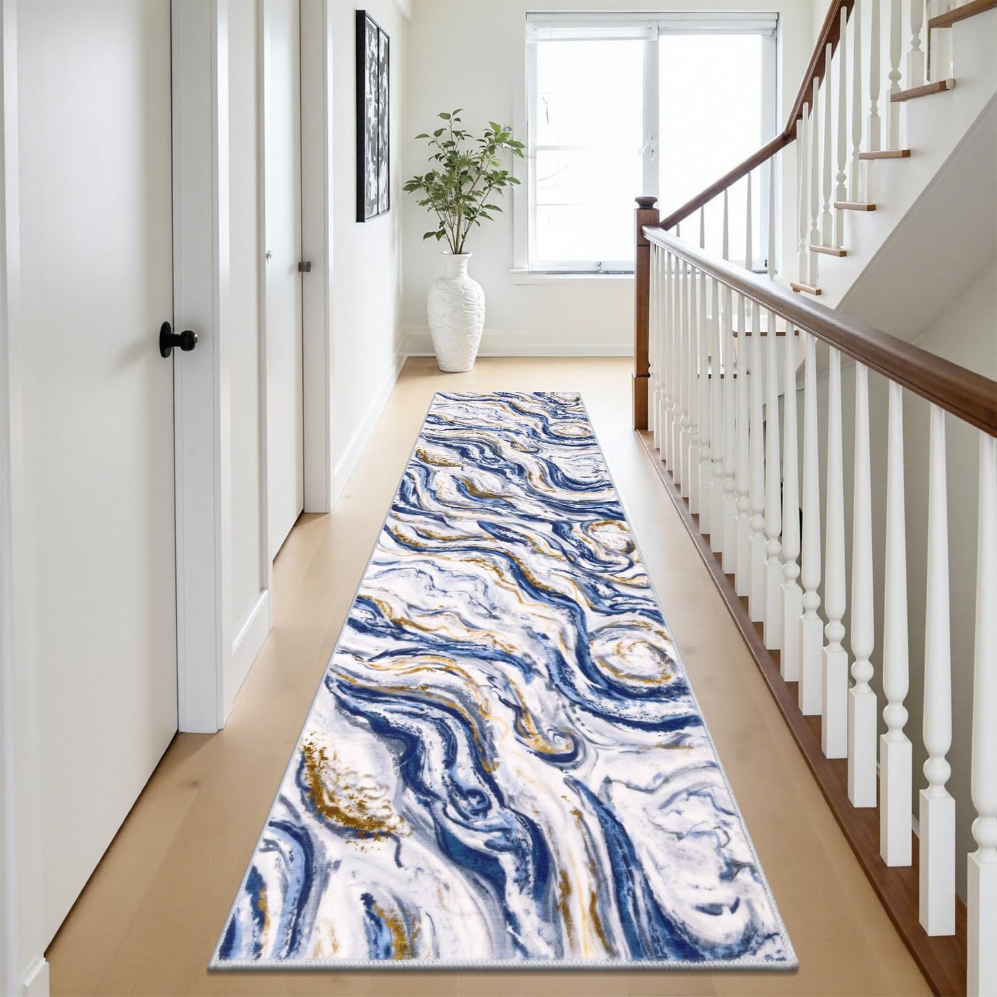 Yamaziot 2x8 Washable Runner Rug for Kitchen Hallways, Modern Abstract Non-Slip Rug with Rubber Backing, Stain Resistant & Low Pile Carpet Runner for Bedroom, Laundry, Entrance,Blue