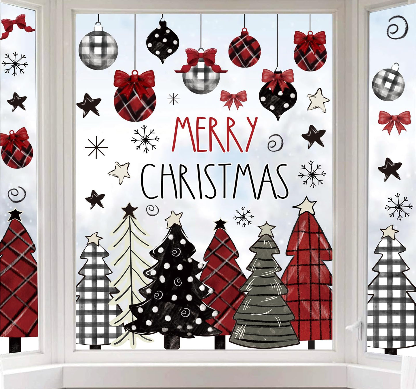 Whaline 9 Sheets Merry Christmas Window Clings Red Black Xmas Tree Ball Snowflake Window Stickers Plaid Polka Dot Design Double-Side Glass Decals for Home Party Decorations, 7.9 x 11.8 Inch