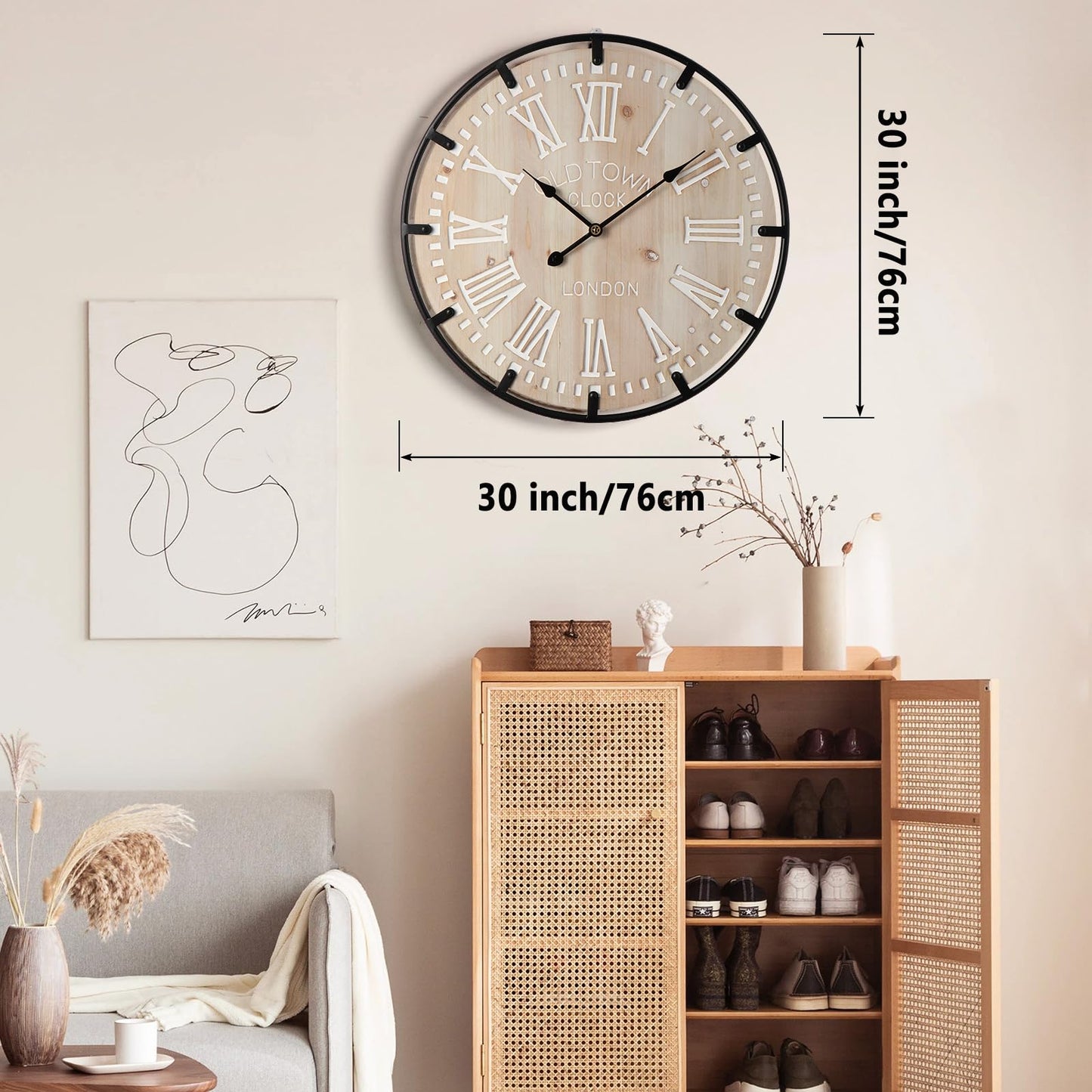 Vantic Farmhouse 30 Inch Extra Large Decorative Wall Clock with Metal Circle, Oversized Wood Wall Clock with Large Roman Numeral for Living Room, Bedrooms and Offices, Silent and Battery Operated
