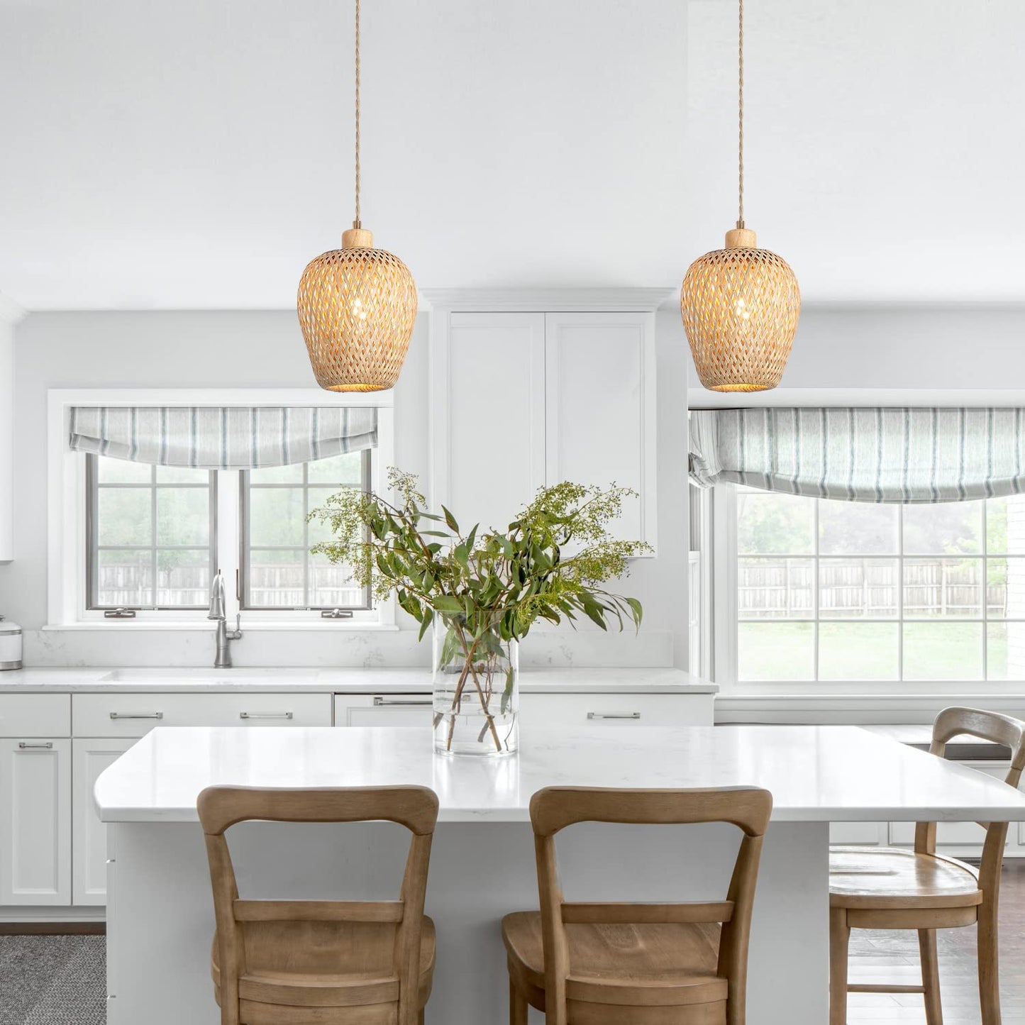 Hchunqjor Bamboo Pendant Light Fixture One-Light Adjustable Boho Basket Handmade Woven Mini Pendant Lighting for Kitchen Island Sink Farmhouse Home
