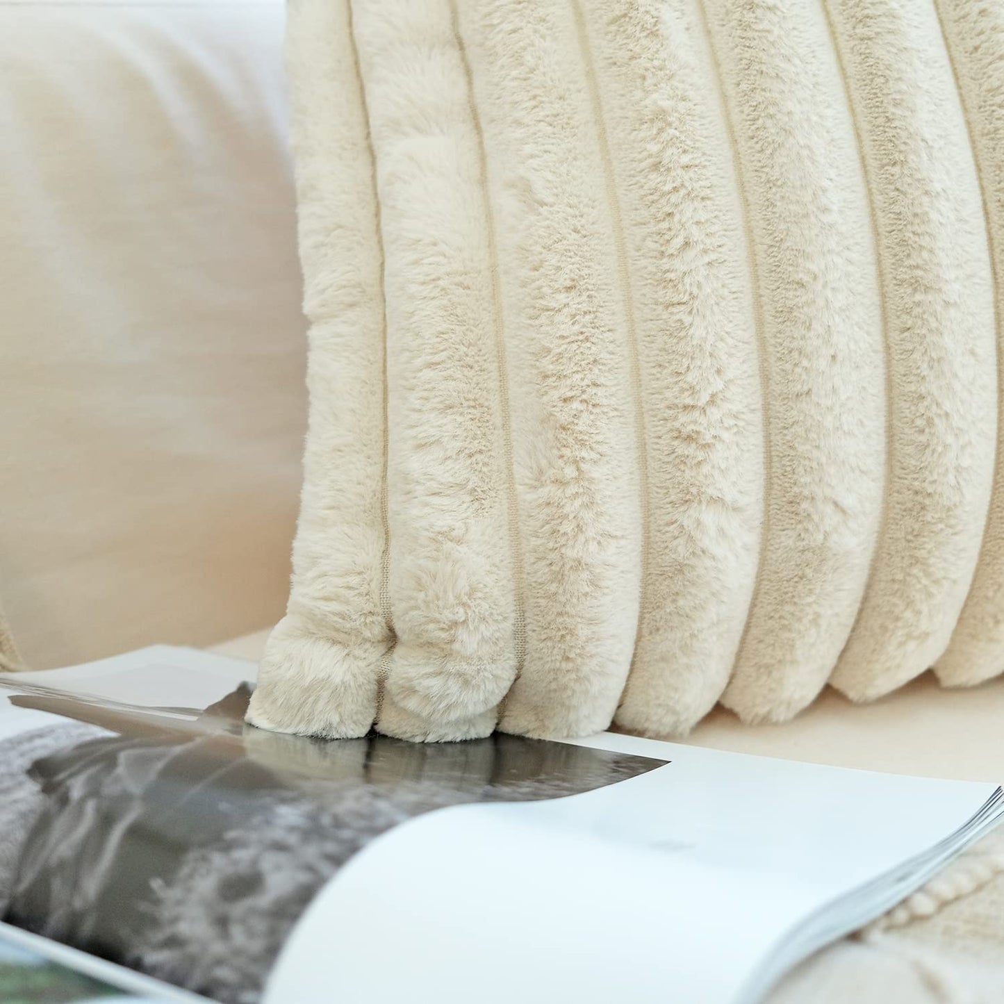 JOJUSIS Pack of 2 Faux Fur Plush Decorative Throw Pillow Covers Couch Cushion Case Soft Pillowcases (Beige, 18 x 18 Inch)