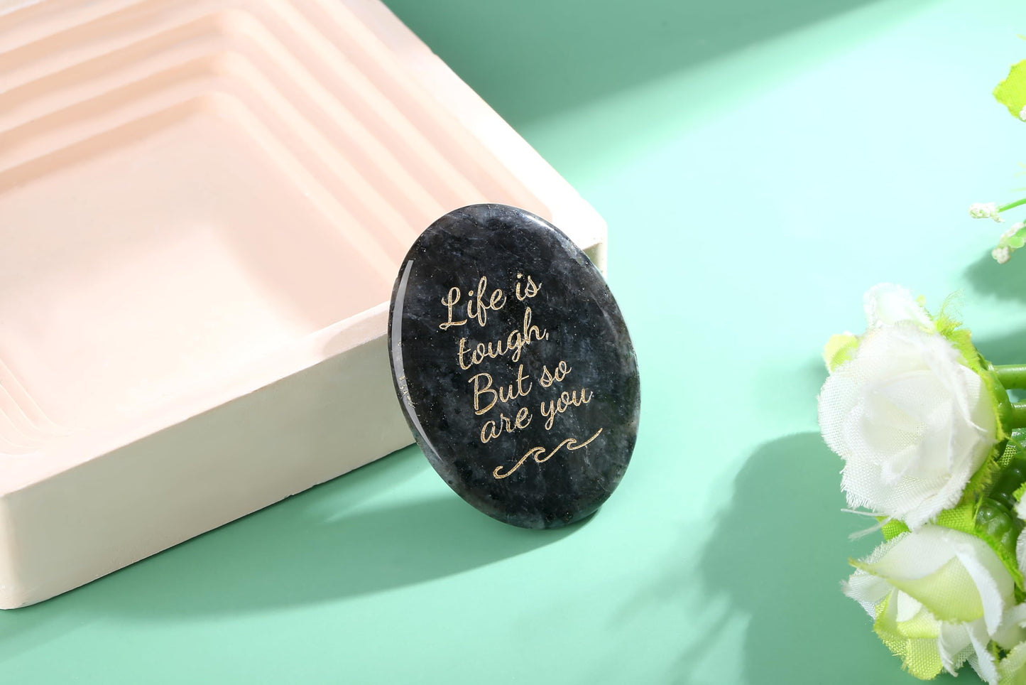 NUKAYAI Inspirational Gifts Black Labradorite Worry Stone Crystal Stone Healing Crystals Pocket Natural Stress Relief Gifts Meditation Accessories Palm Reiki Trinket Anxiety Relief Items for Women Men