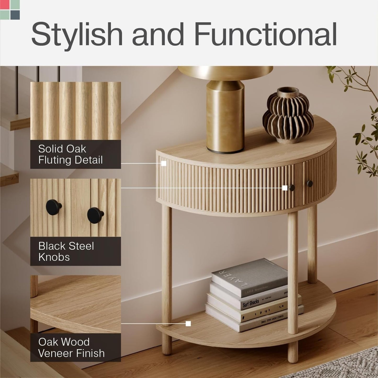 Stead Fluted Half Moon Shaped Console Table, Small Entry Desk, Living Room Furniture, Modern Home Decor, Solid Wood Entryway Table with Two Doors and Black Knobs (Natural Oak)