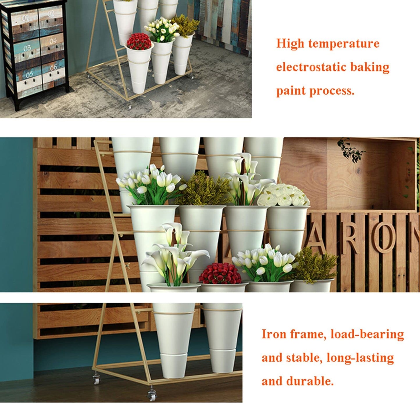 Flower Display Stand, 3 Layers Heavy Duty Moving Plant Cart Shelf With Wheels and Bucket, Wrought Iron Florist Shelf, for Patio Garden, Living Room, Outdoor Flower Pop-Up Events (Golden Iron Frame)