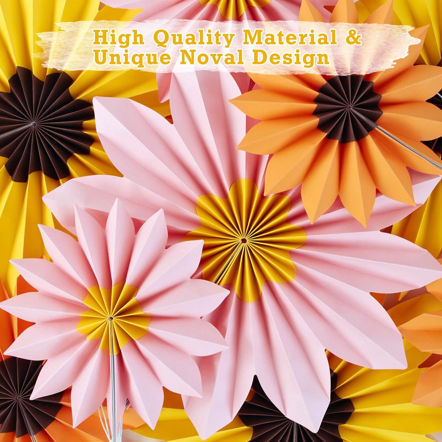 PAPER JAZZ Sunflower Party Decorations: 9 Sunflower Paper Fans & Flower Garlands, Summer Orange Pink Sunflowers, Wedding & Baby Shower Decor