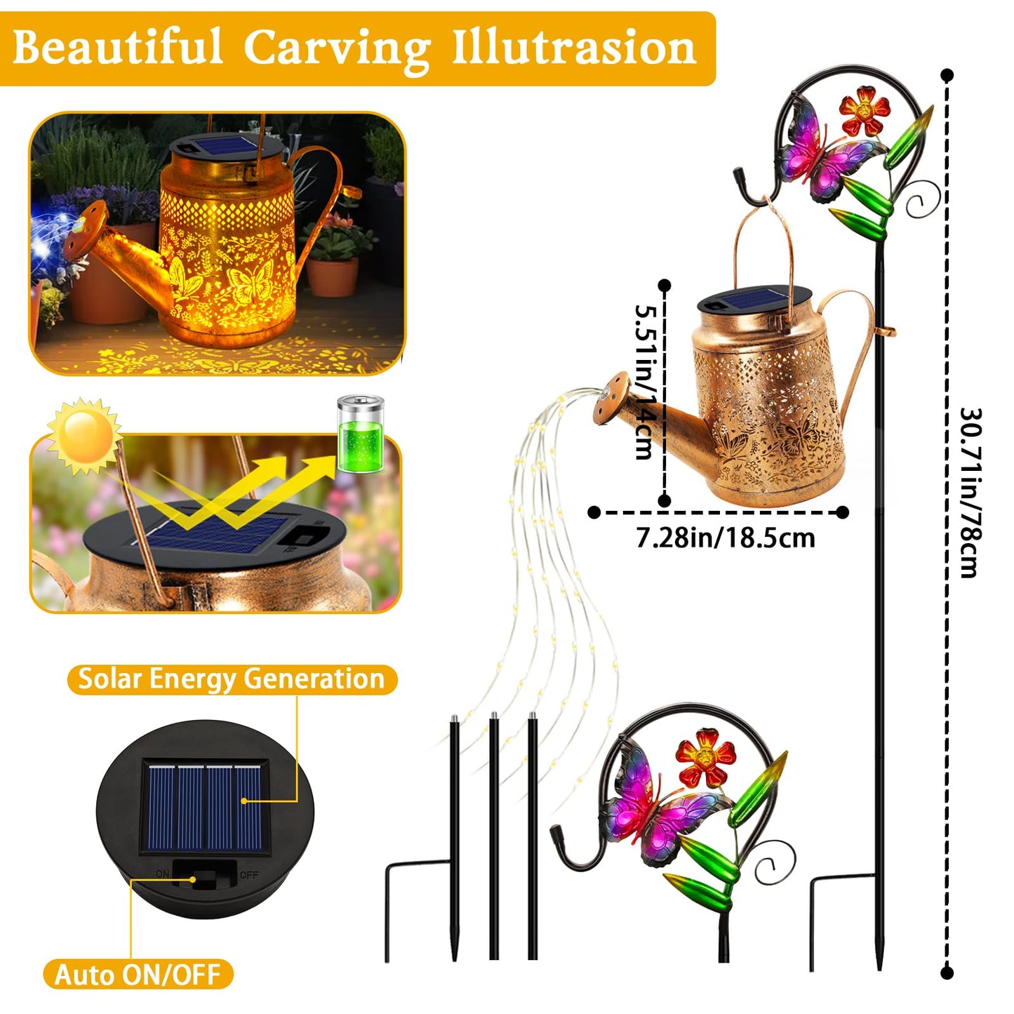 ANGMLN Butterfly Solar Lights Outdoor Waterproof, Solar Watering Can Lights with Shepherd Hook, Metal Hanging Lantern Garden Decor Yard Outside Patio Lawn, Gifts for Mom Grandma Women Birthday