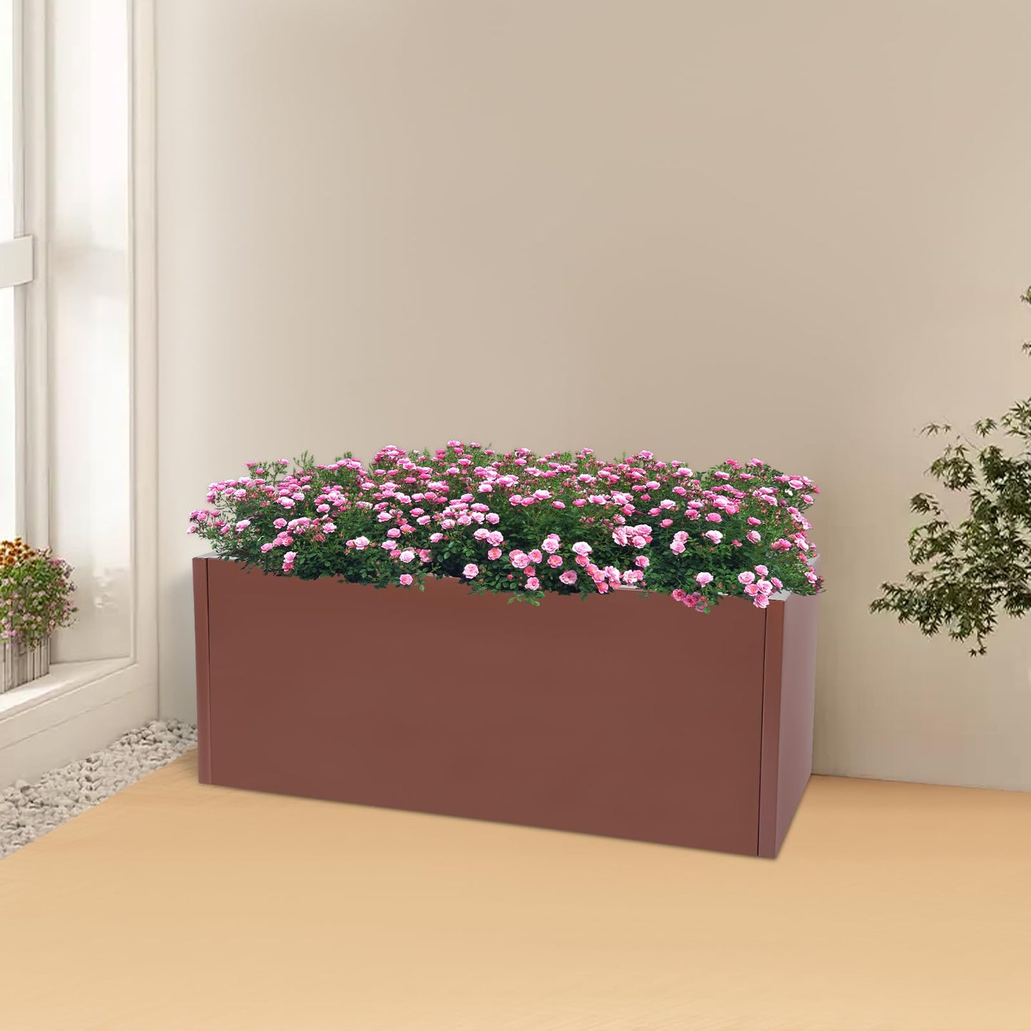 TFCFL Large Planter Box, Rectangular Steel Raised Garden Bed with Drainage, Outdoor Indoor Flower Pot for Balcony Patio, Heavy Duty Plant Container for Gardens, Halls, Terraces 38x15x15 Inch（Brown）