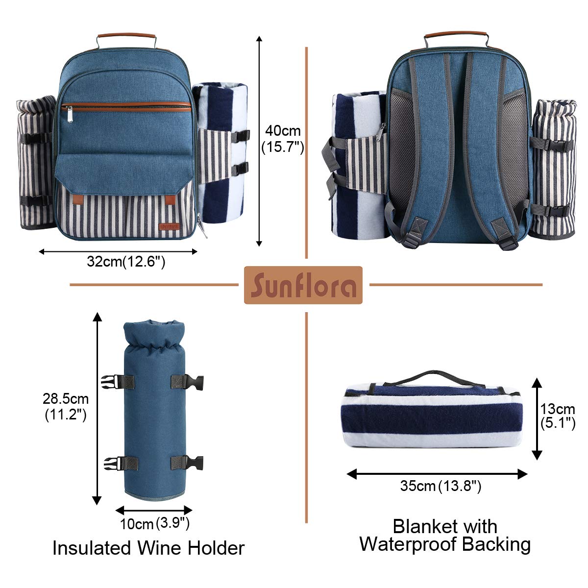 Sunflora Picnic Backpack for 4 Person Set Pack with Insulated Waterproof Pouch for Family Outdoor Camping(Blue & Stripe)