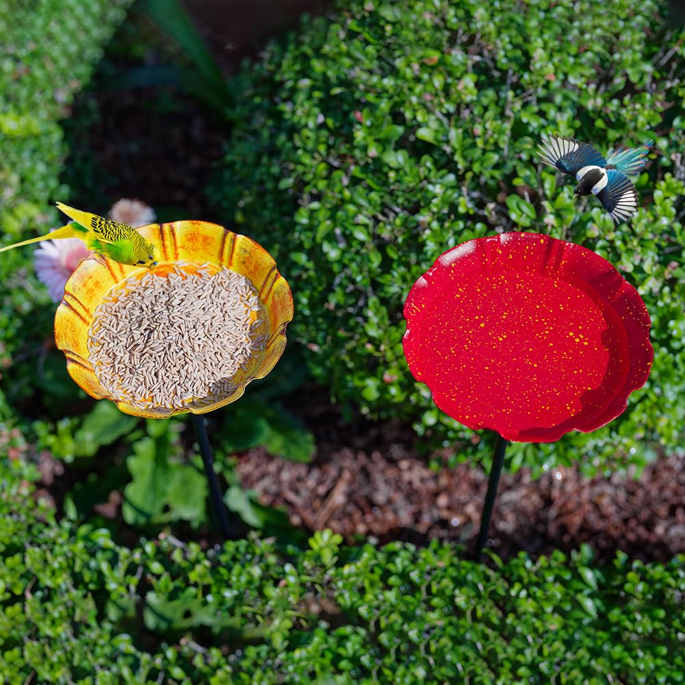DREAMSOUL 2 PCS Bird Bath with Stake, Metal Bird Baths for Outdoors Garden Birdbath for Yard Garden Lawn Decor (Red & Yellow)